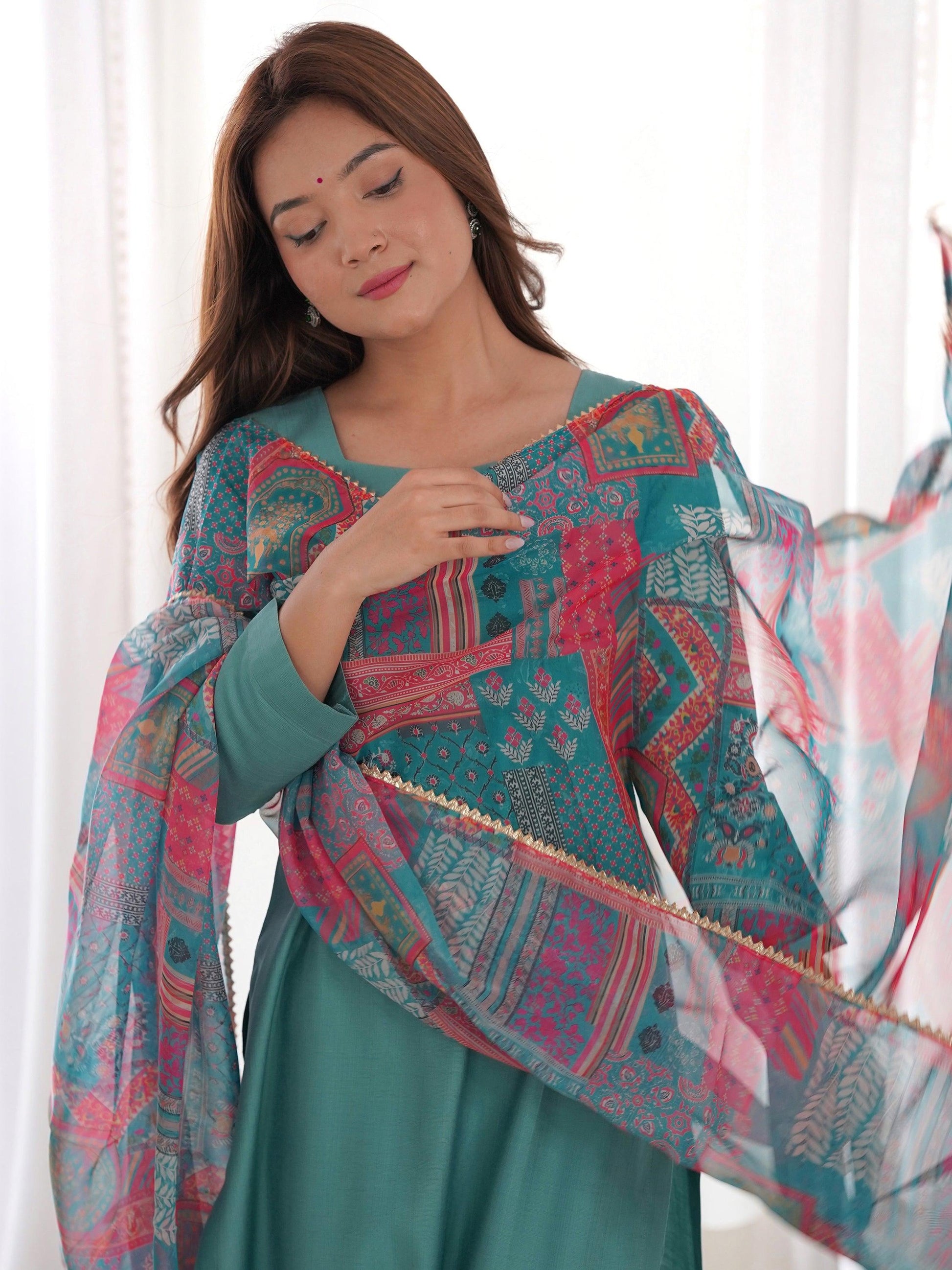 Amazing Sea Green Cotton Festival Wear Straight Kurta With Pant