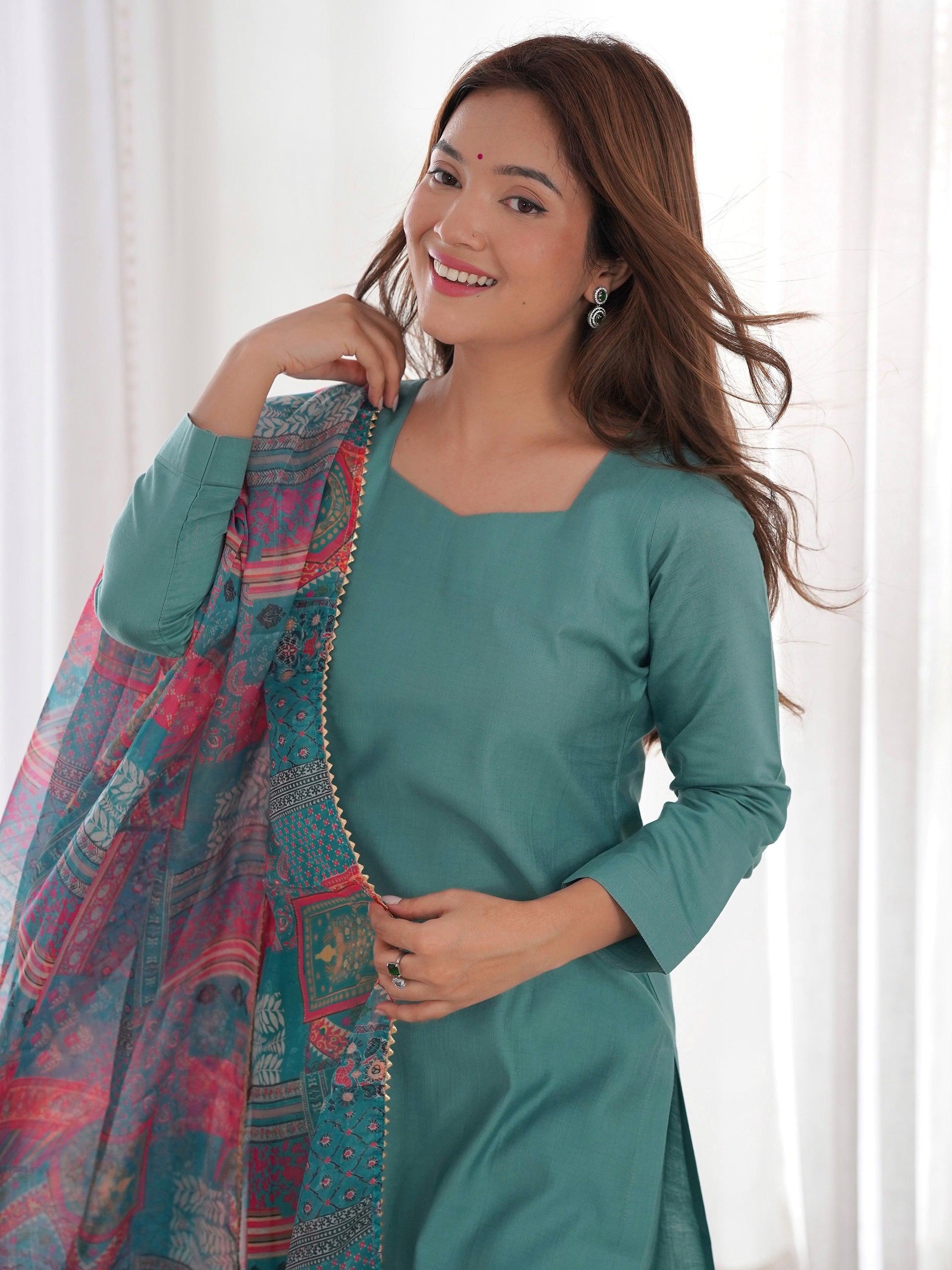 Amazing Sea Green Cotton Festival Wear Straight Kurta With Pant