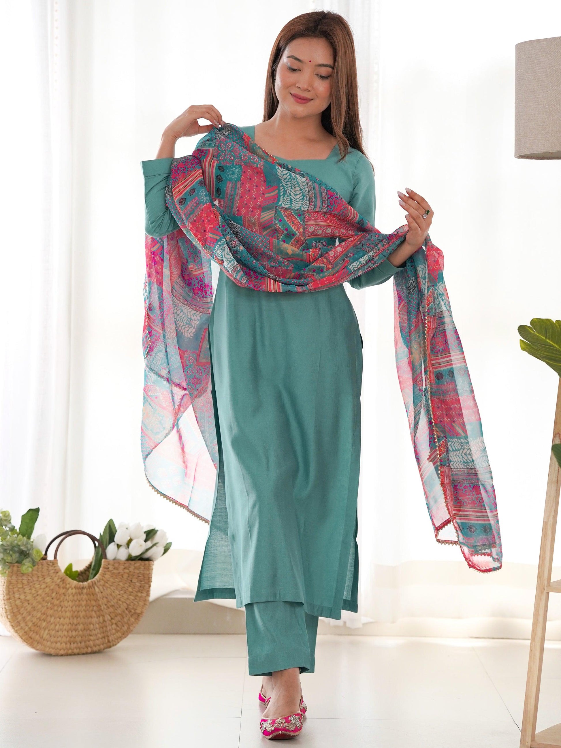 Amazing Sea Green Cotton Festival Wear Straight Kurta With Pant