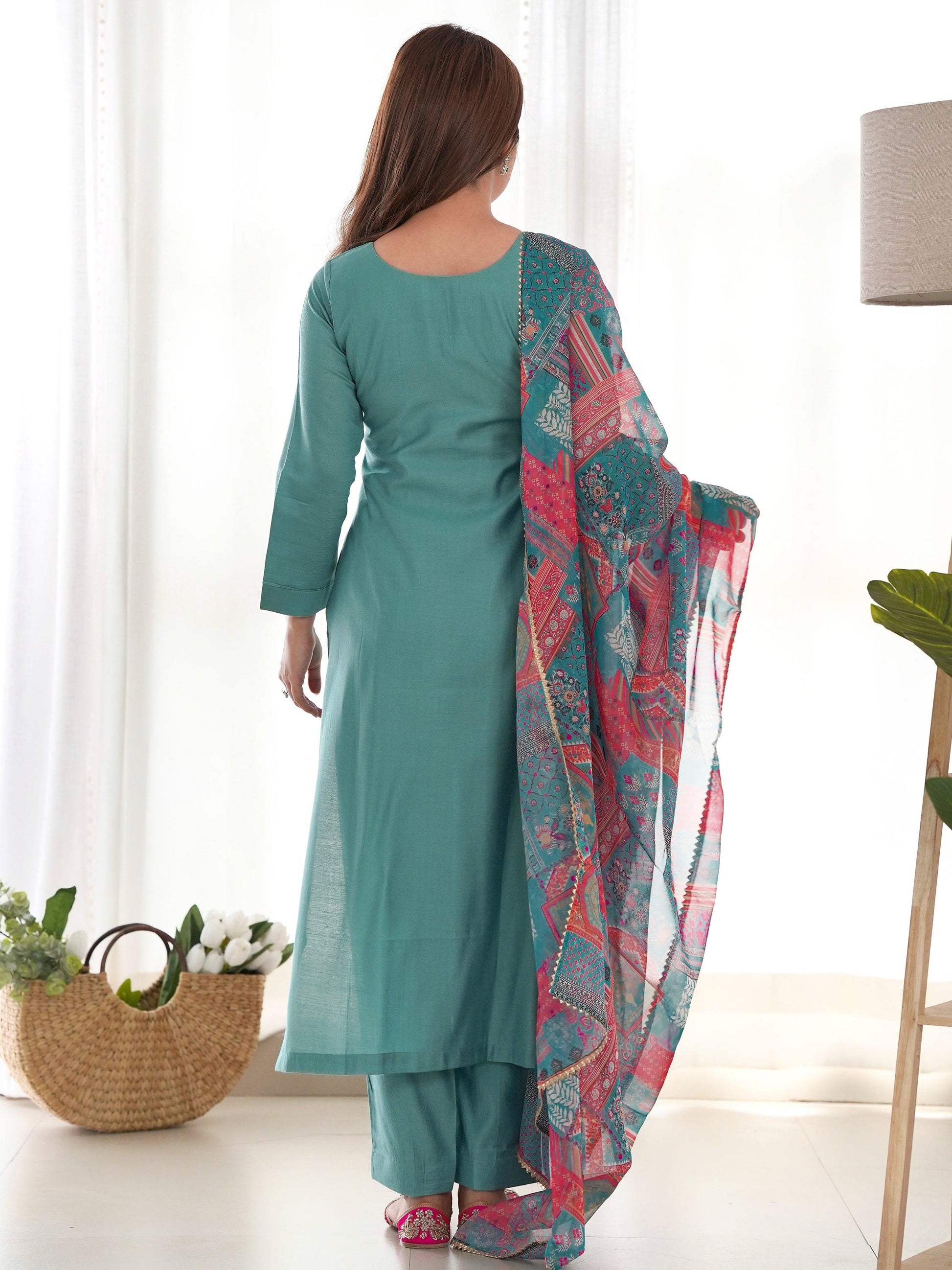 Amazing Sea Green Cotton Festival Wear Straight Kurta With Pant