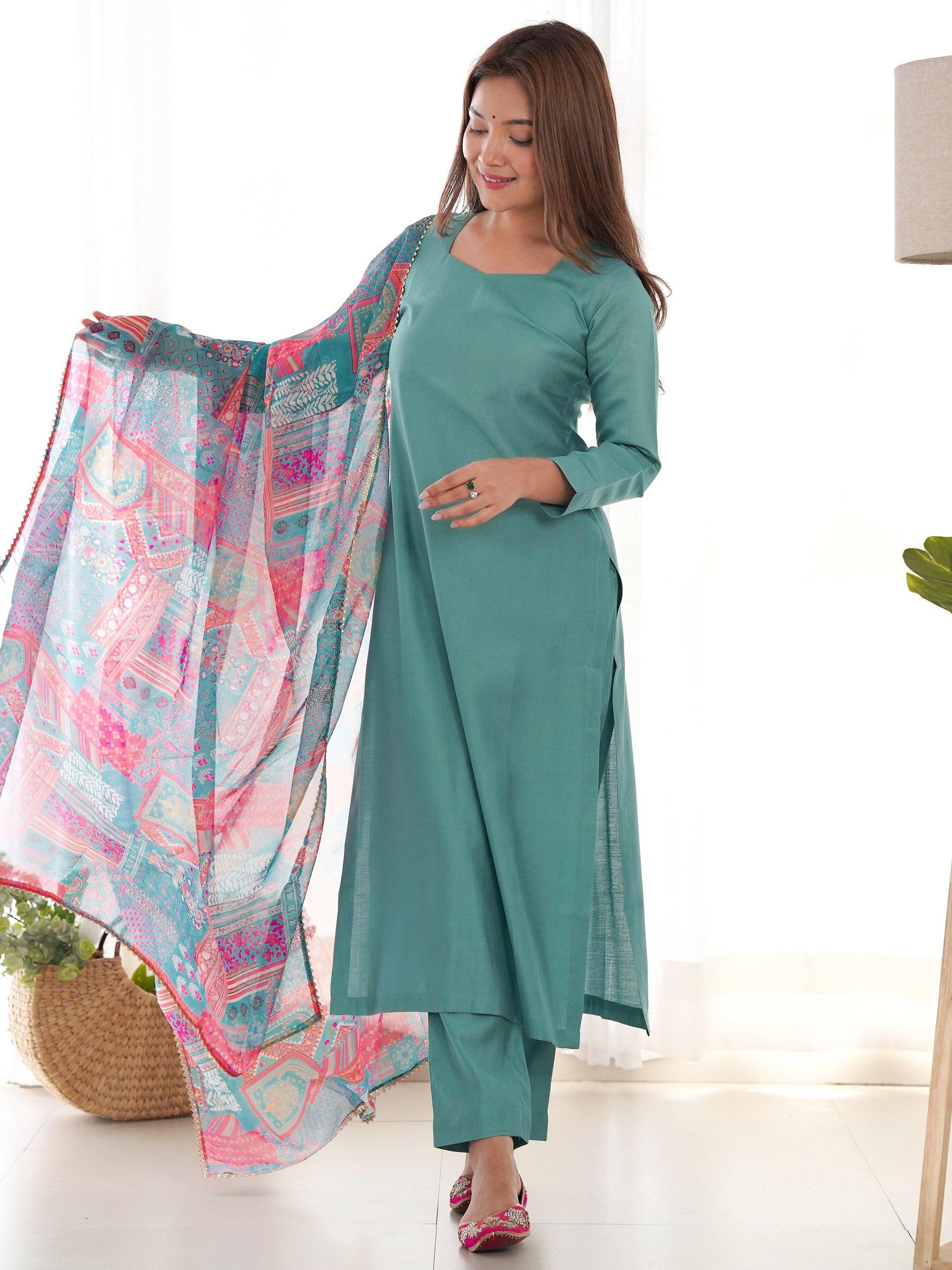 Amazing Sea Green Cotton Festival Wear Straight Kurta With Pant