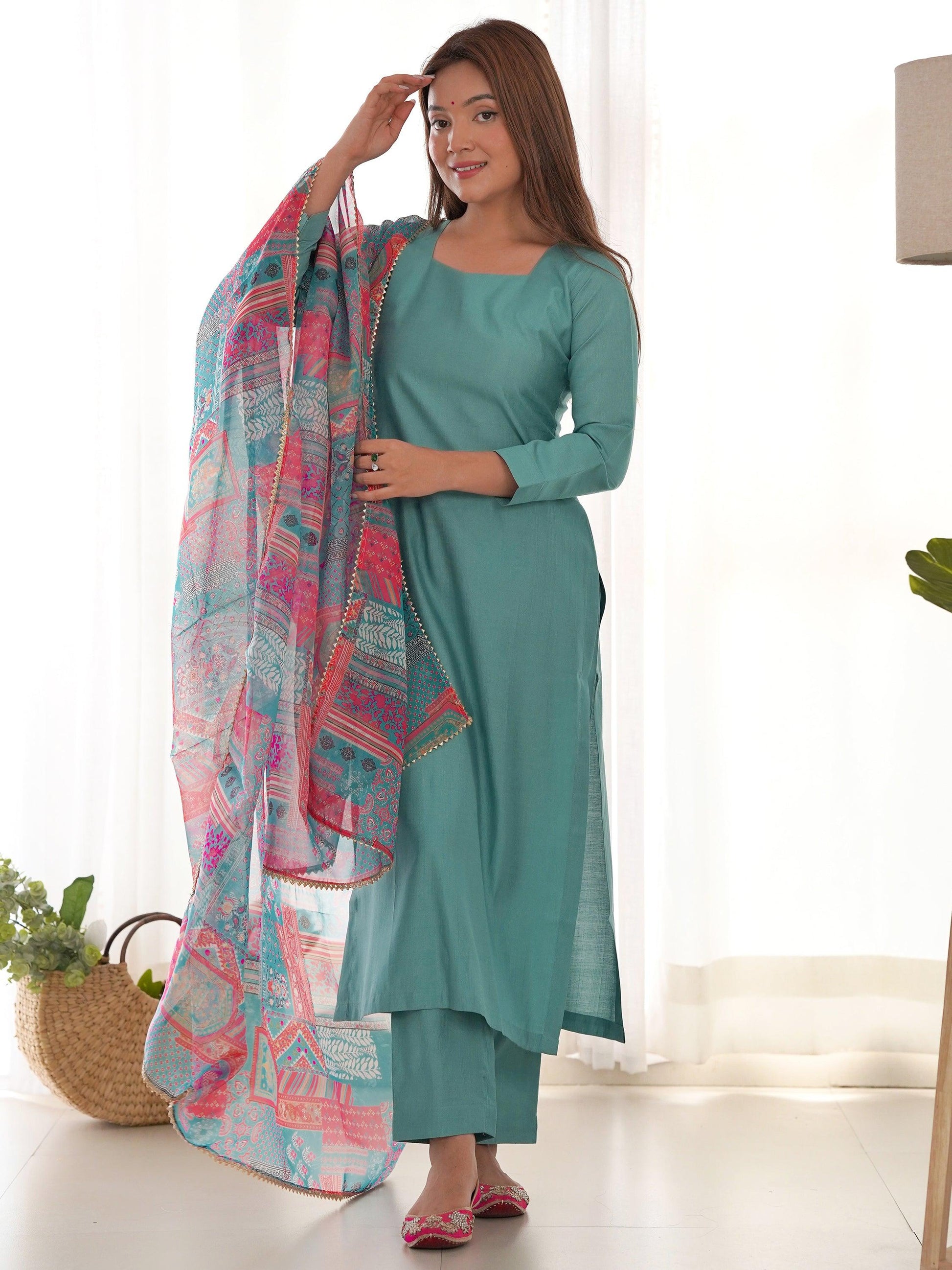 Amazing Sea Green Cotton Festival Wear Straight Kurta With Pant