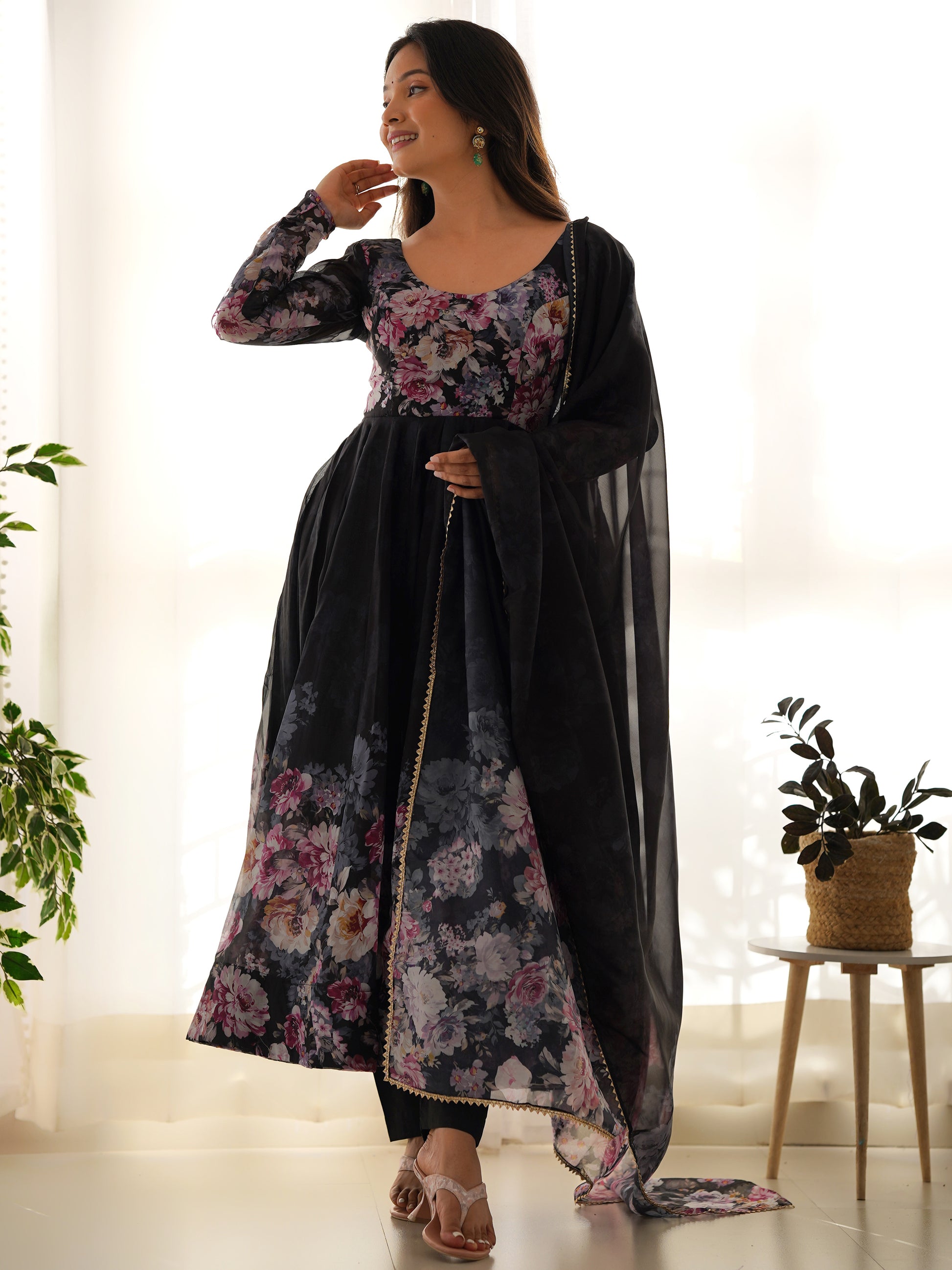 Adorable Black Floral Printed Organza Traditional Anarkali Suit