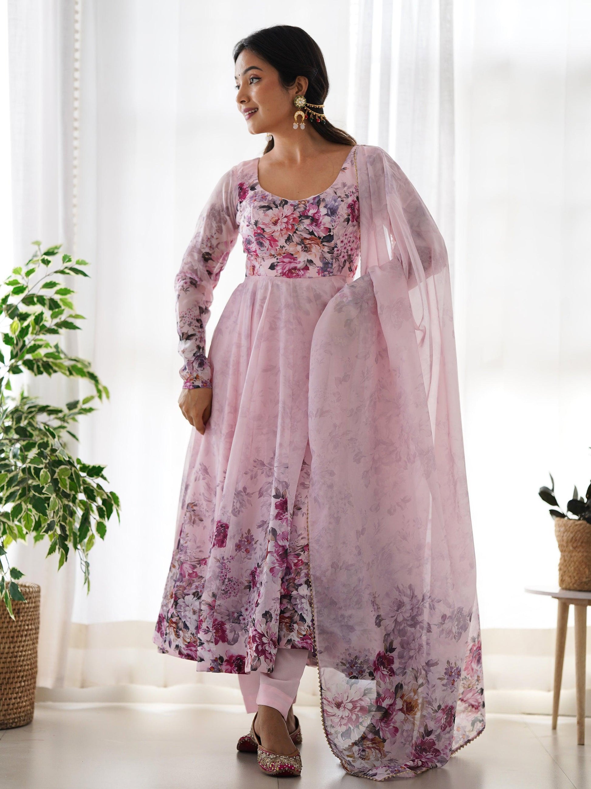 Fascinating Pink Floral Printed Organza Anarkali Suit With Dupatta