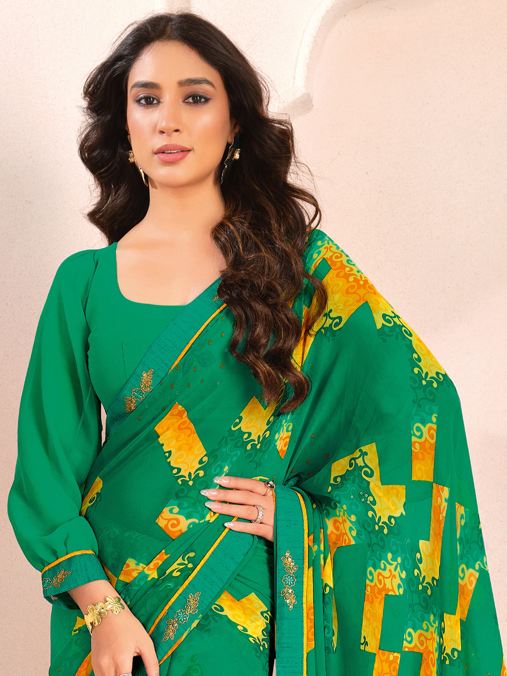 Charming Green Digital Printed Georgette Event Wear Saree With Blouse