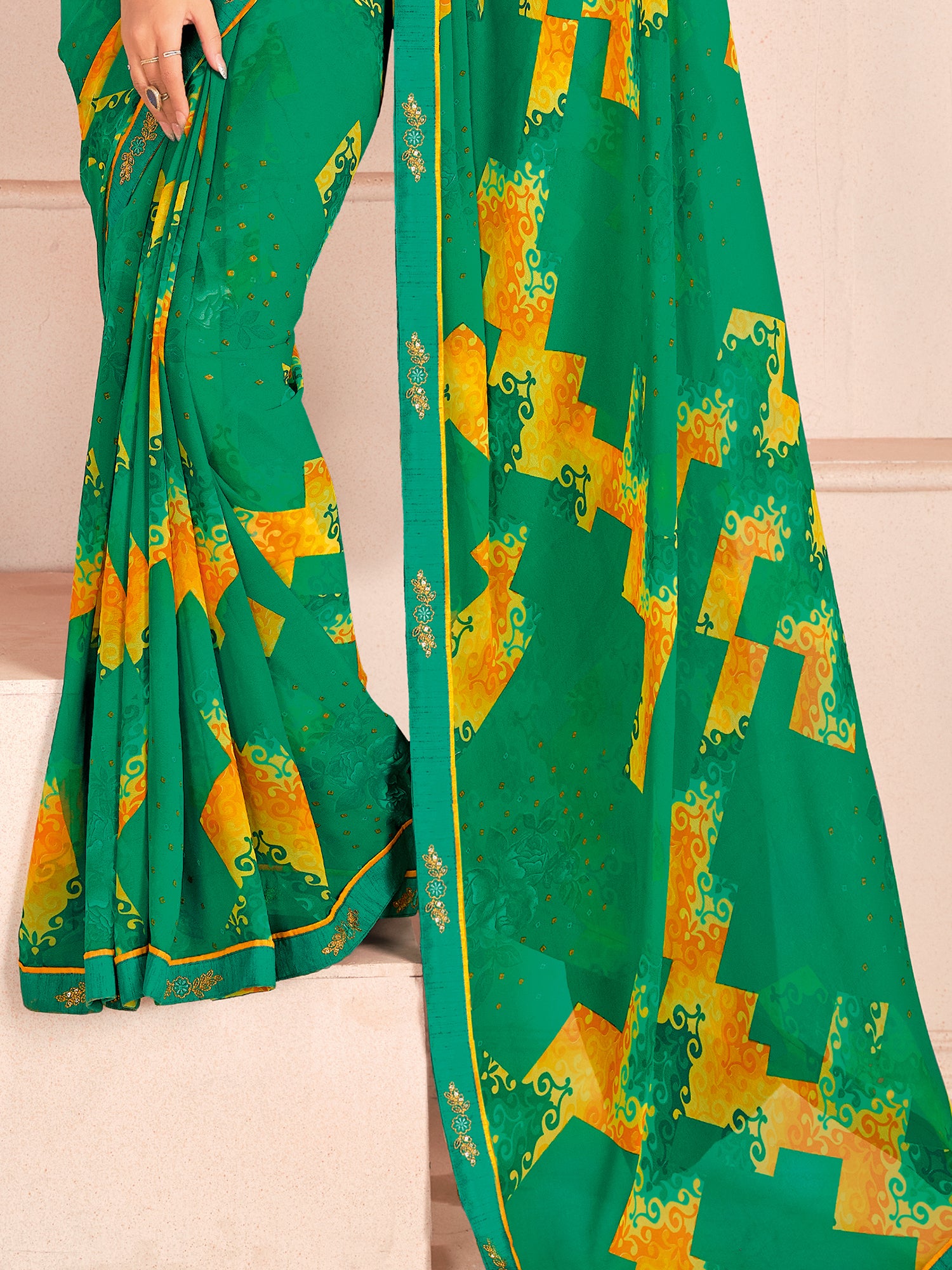 Charming Green Digital Printed Georgette Event Wear Saree With Blouse
