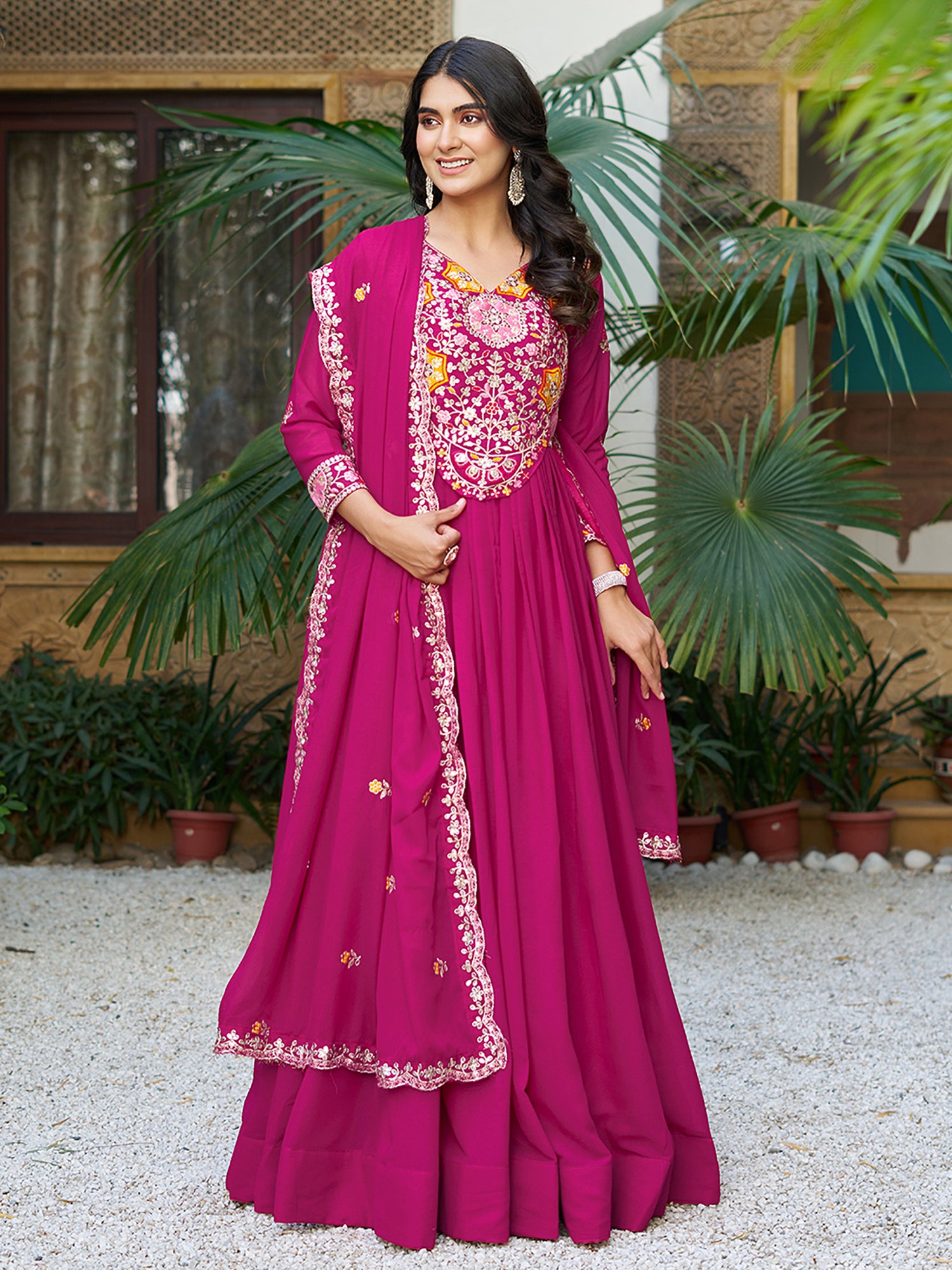 Adorable Pink Georgette Thread Sequins Festival Wear Gown With Dupatta