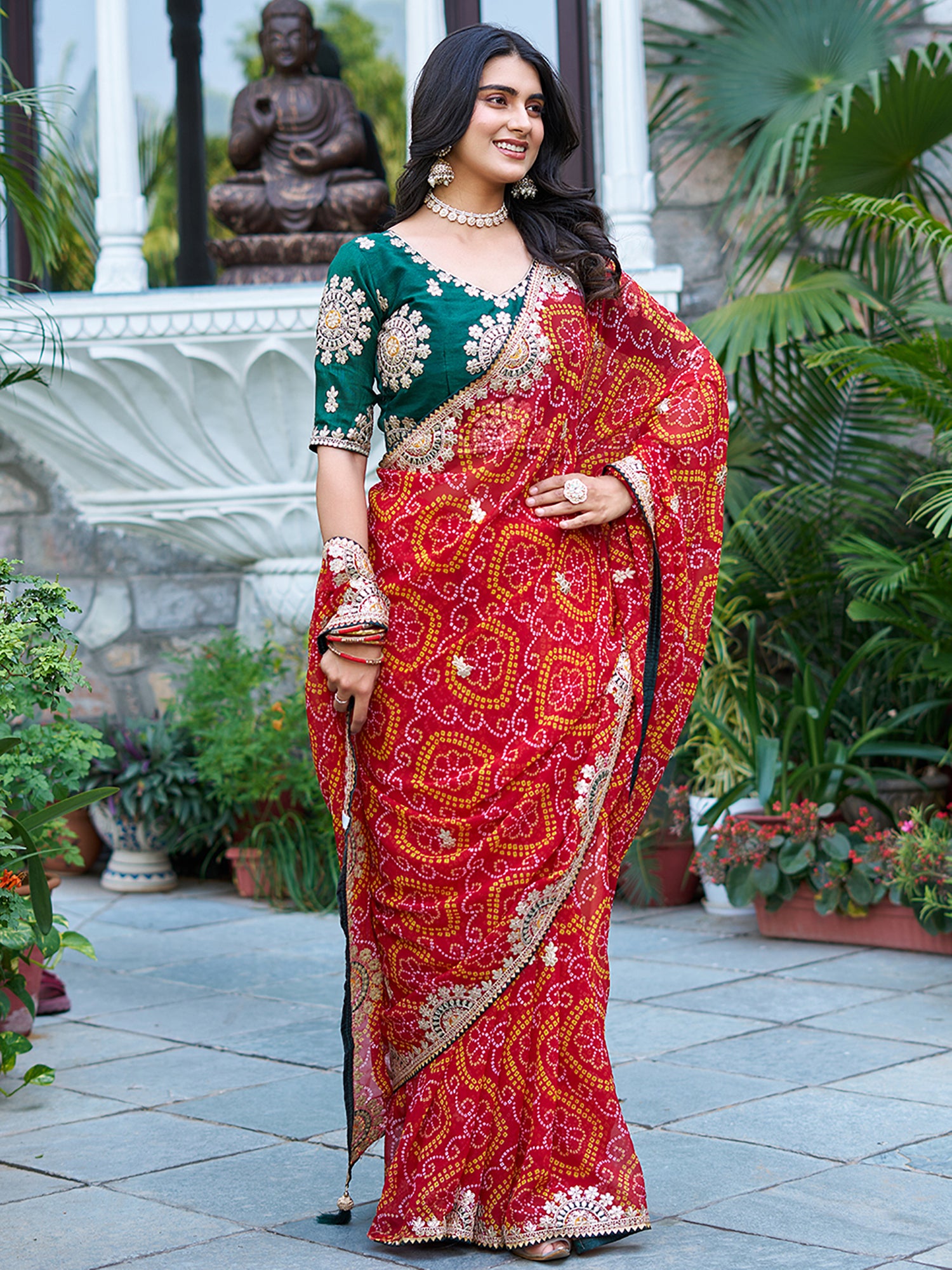 Tantalizing Red Pure Bandhani Gotta Patti Bridal Saree With Blouse