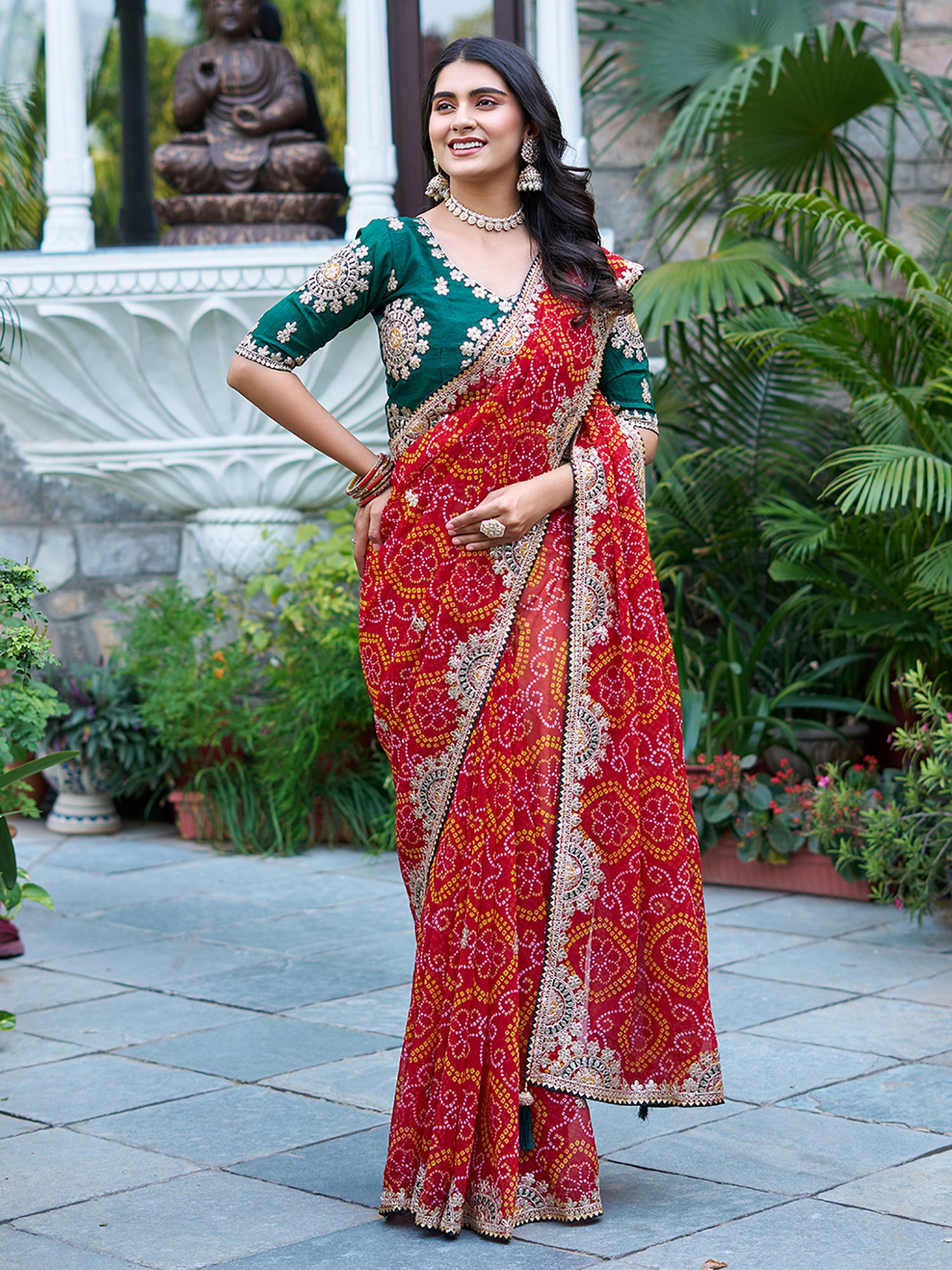 Tantalizing Red Pure Bandhani Gotta Patti Bridal Saree With Blouse