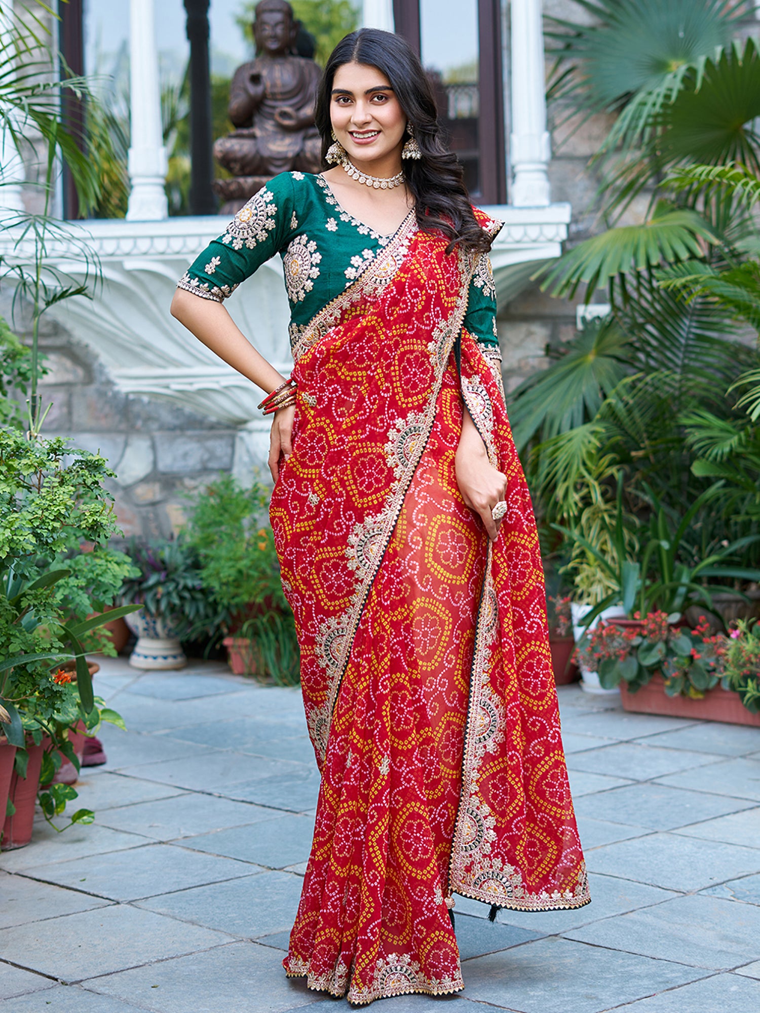 Tantalizing Red Pure Bandhani Gotta Patti Bridal Saree With Blouse