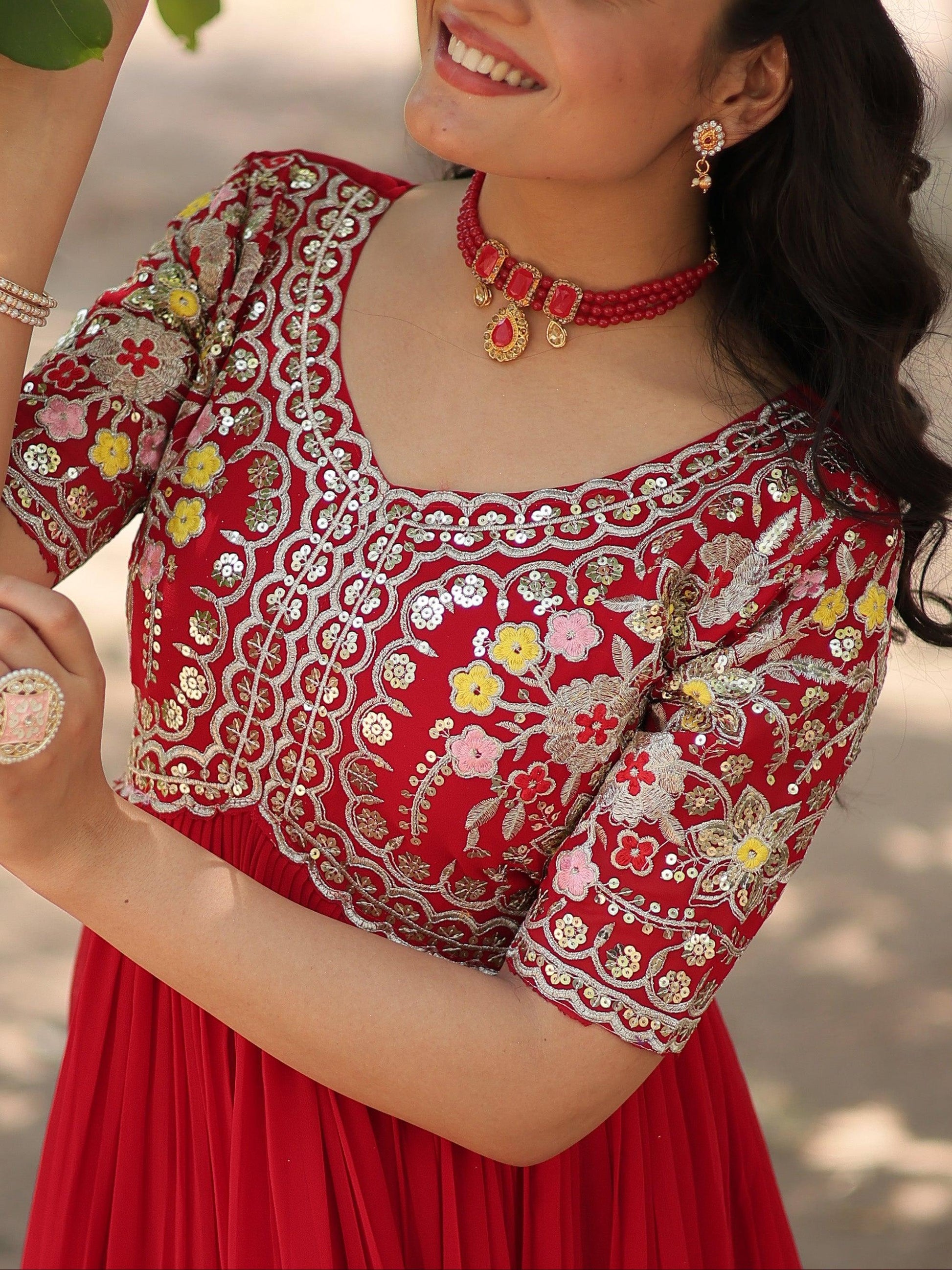 Stunning Red Thread Embroidered Georgette Event Wear Gown