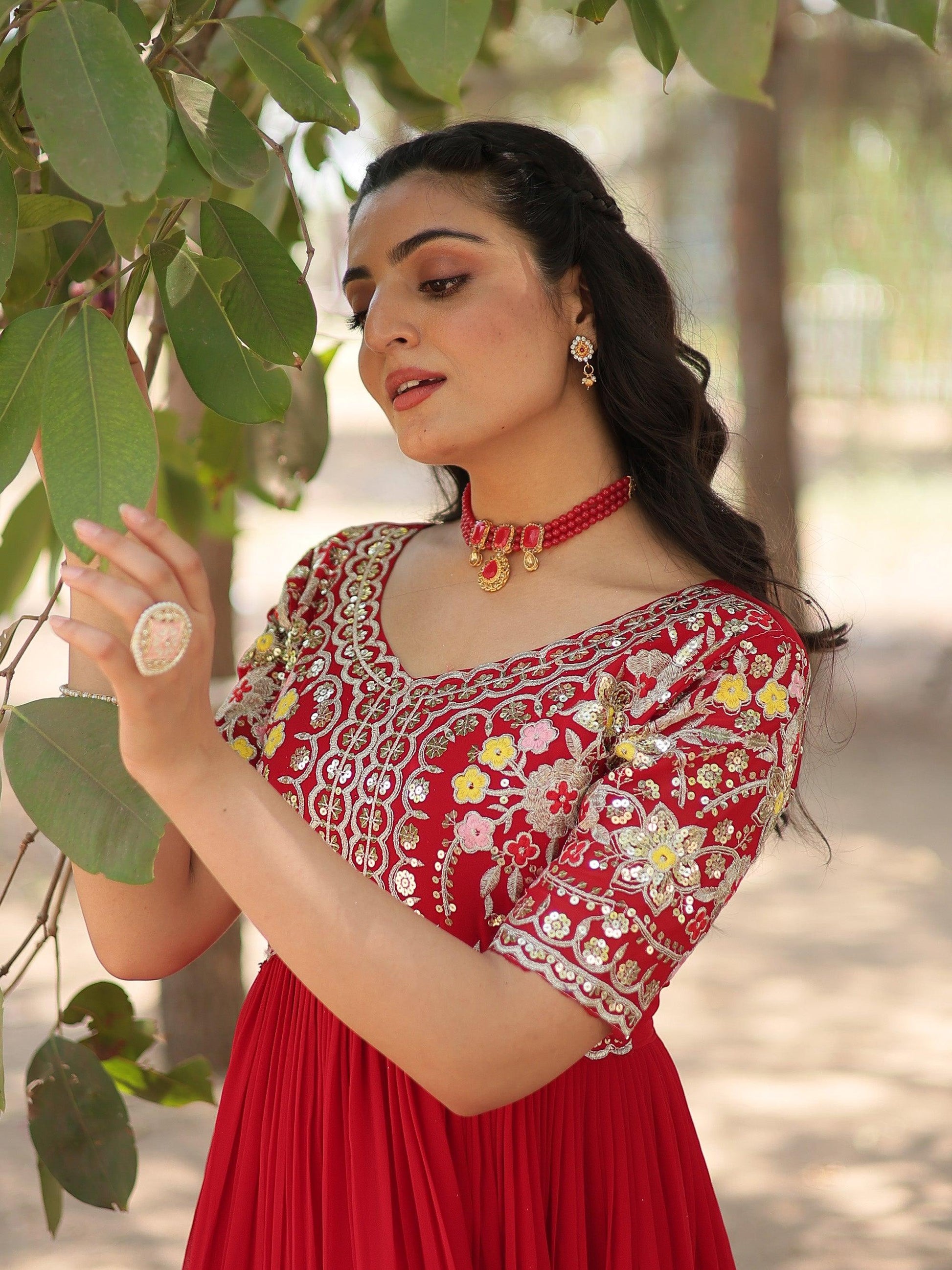 Stunning Red Thread Embroidered Georgette Event Wear Gown