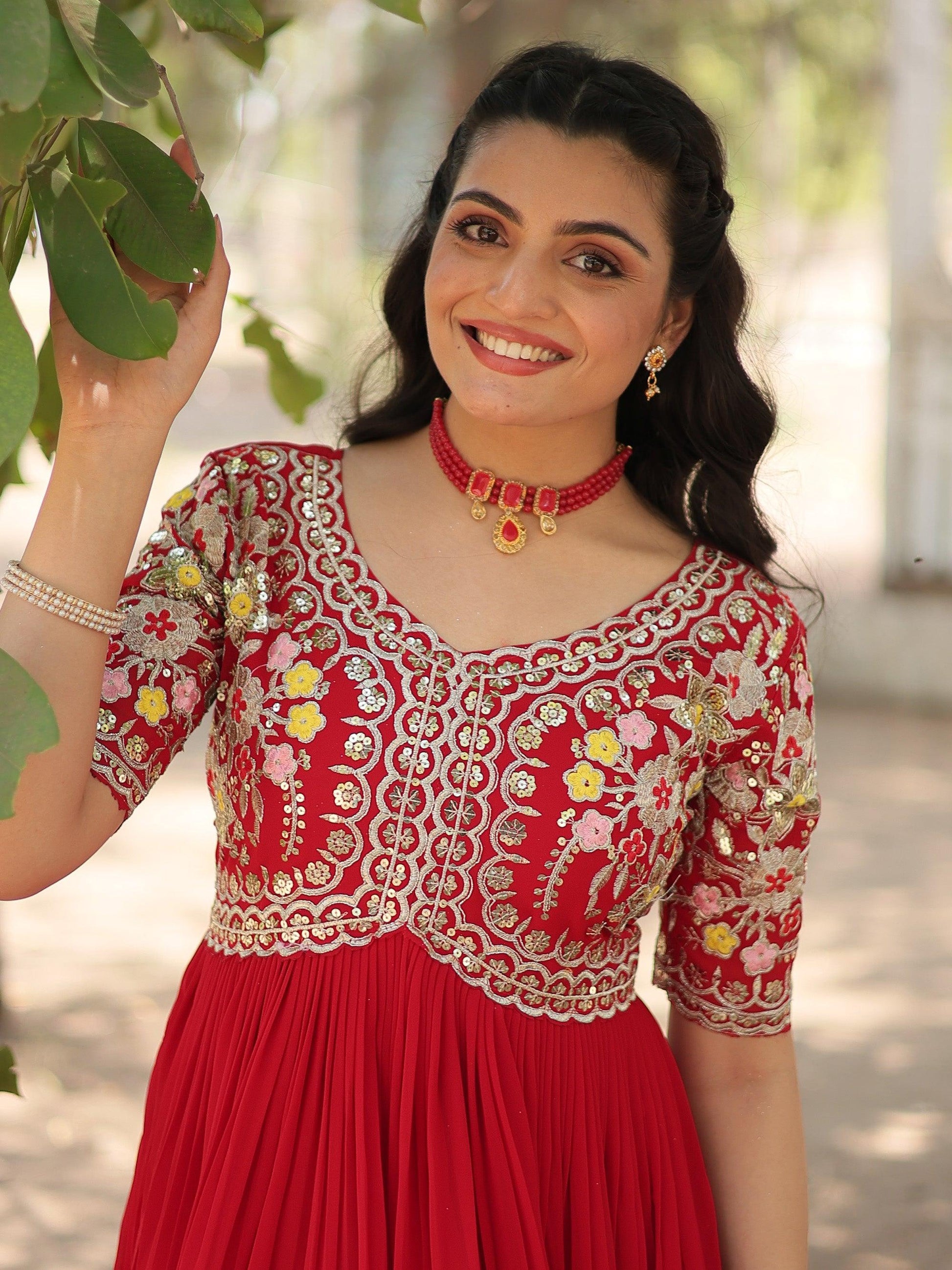 Stunning Red Thread Embroidered Georgette Event Wear Gown