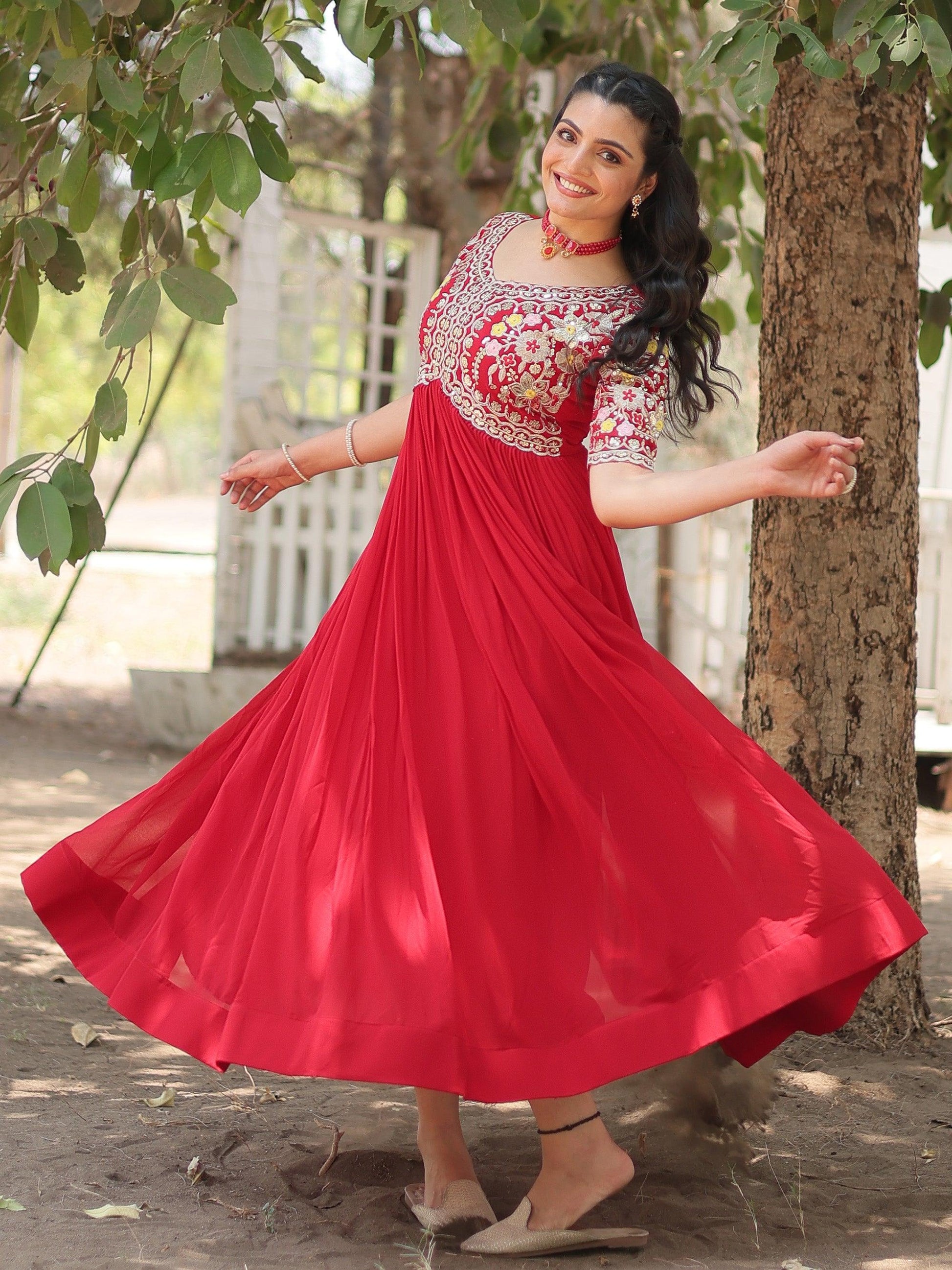 Stunning Red Thread Embroidered Georgette Event Wear Gown