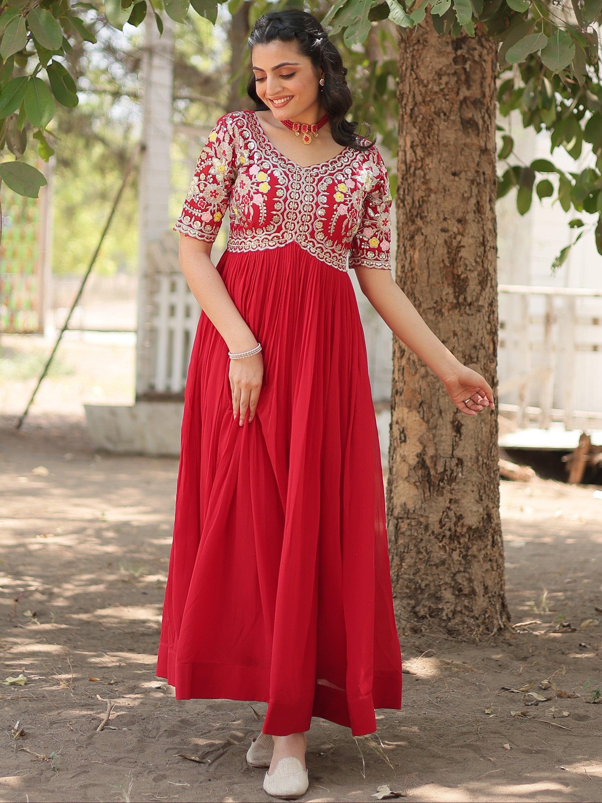 Stunning Red Thread Embroidered Georgette Event Wear Gown