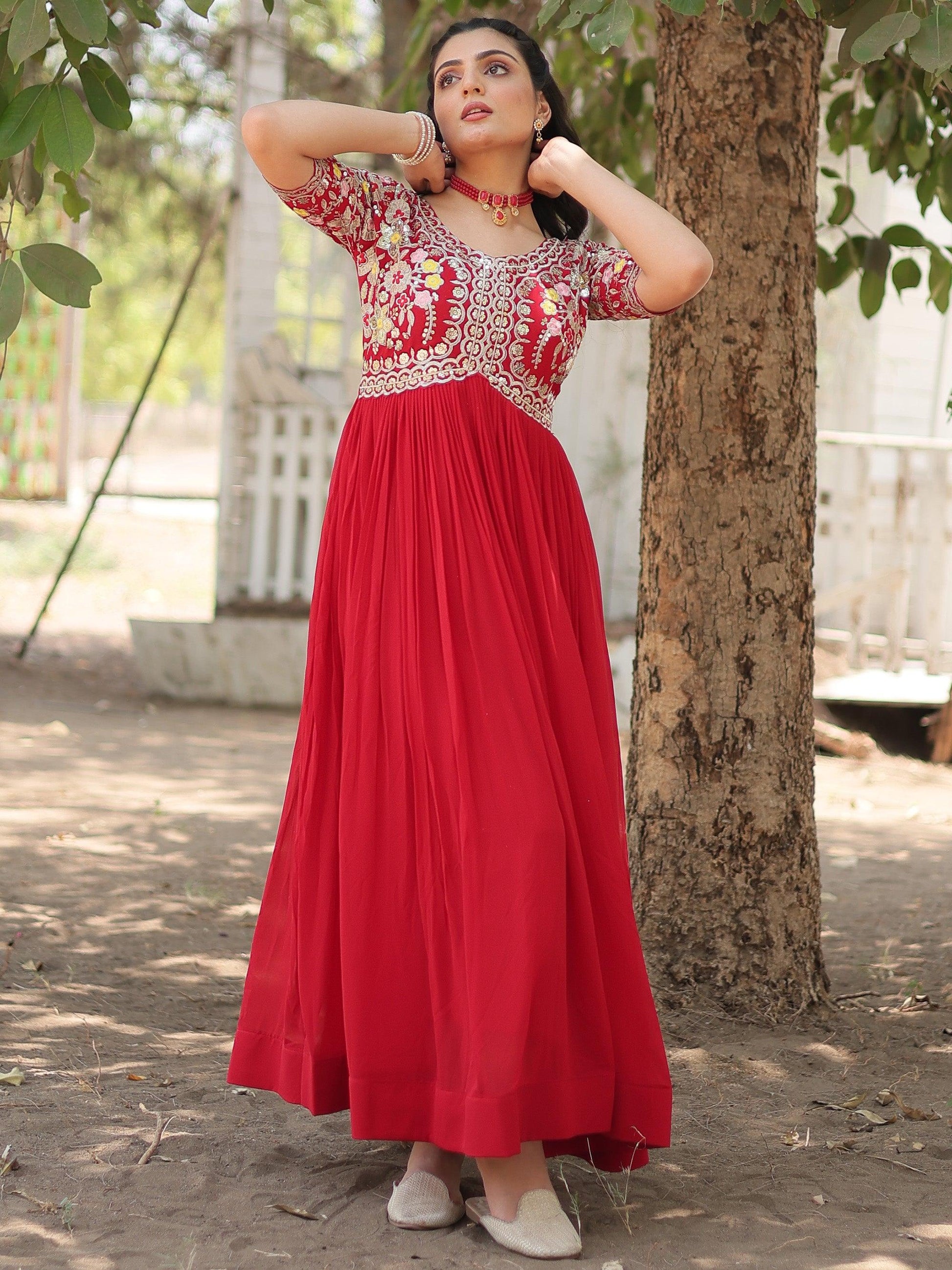 Stunning Red Thread Embroidered Georgette Event Wear Gown