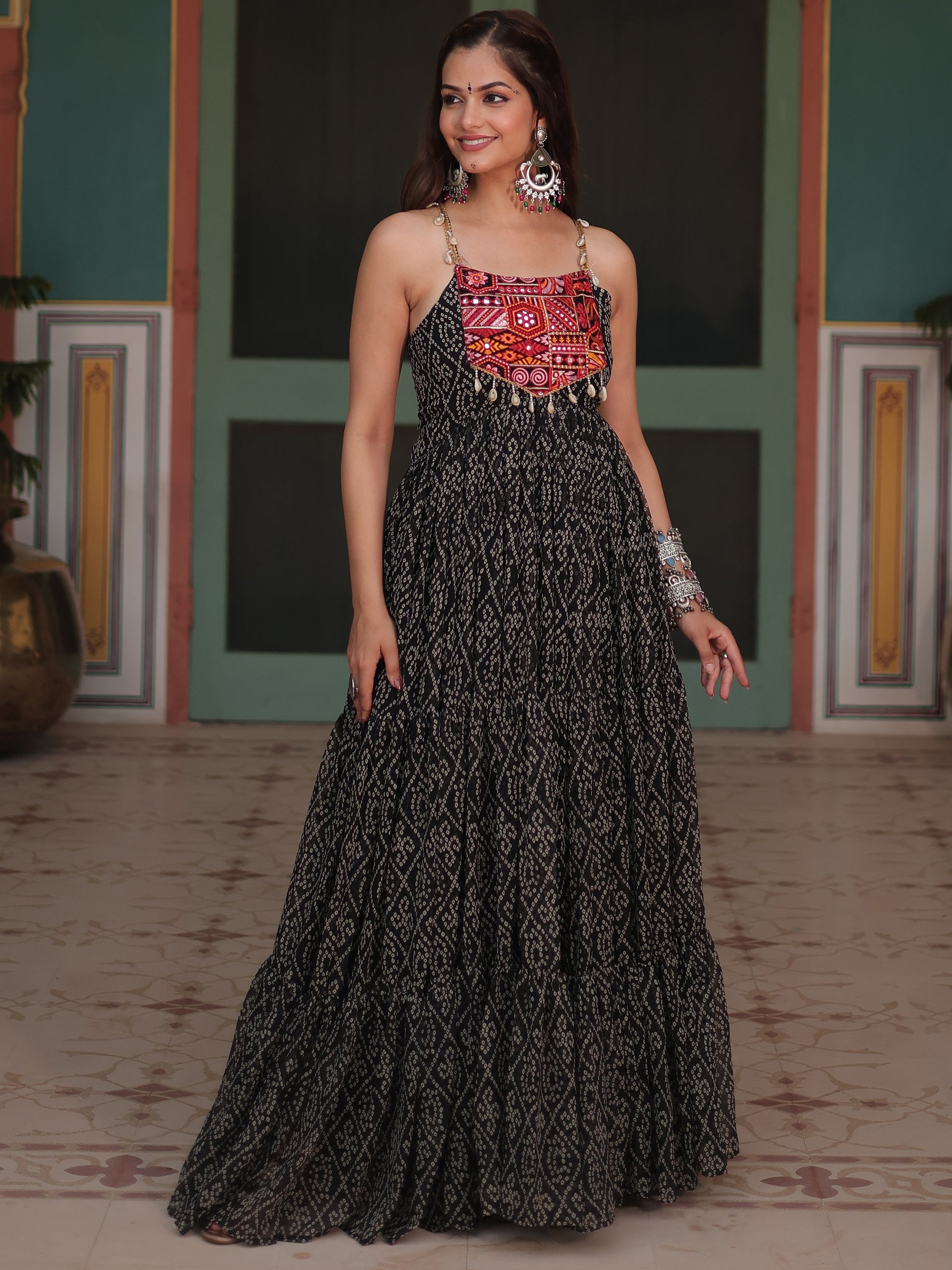 Stunning Black Bandhani Printed Georgette Navrati Wear Gown