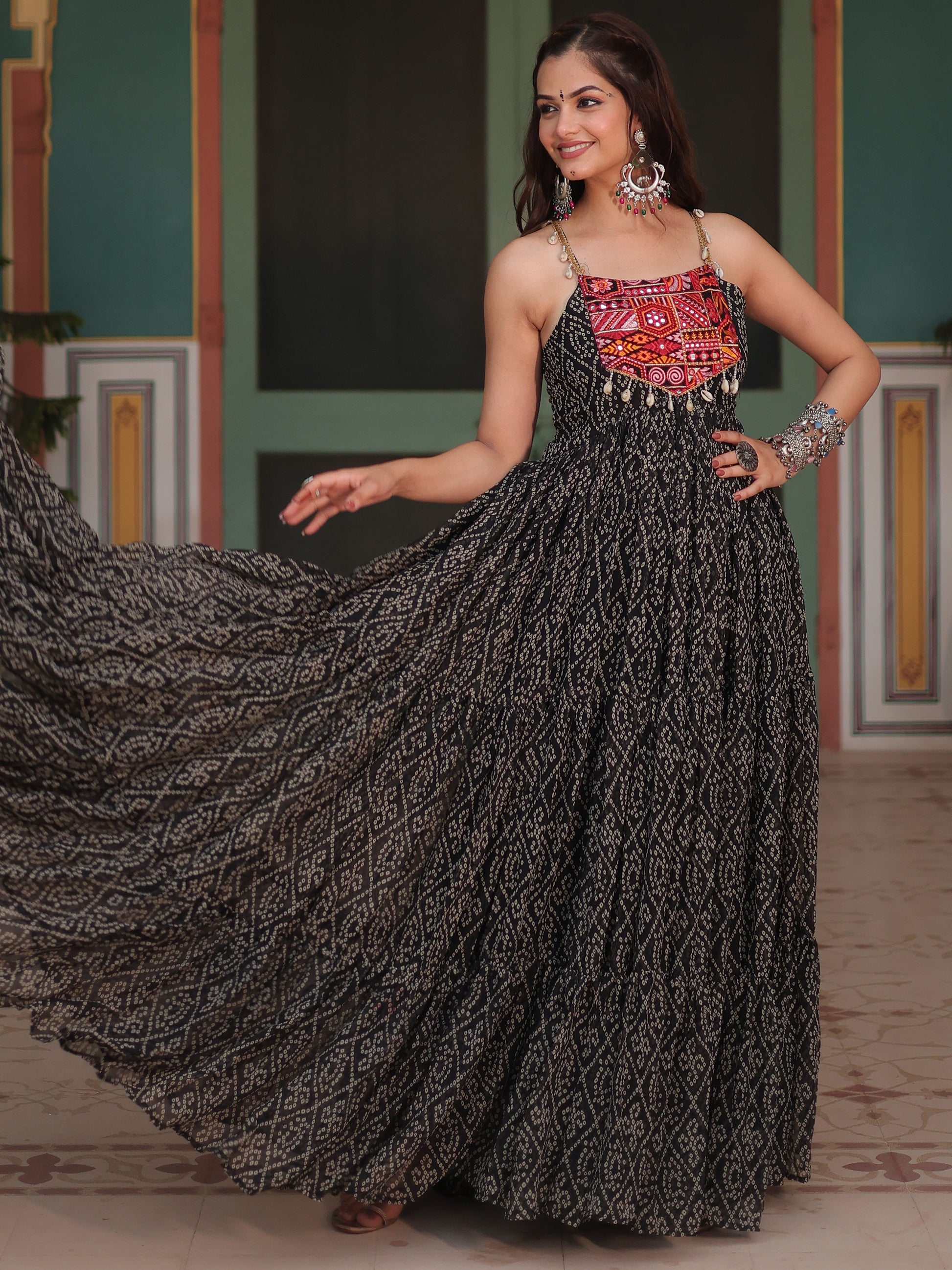 Stunning Black Bandhani Printed Georgette Navrati Wear Gown