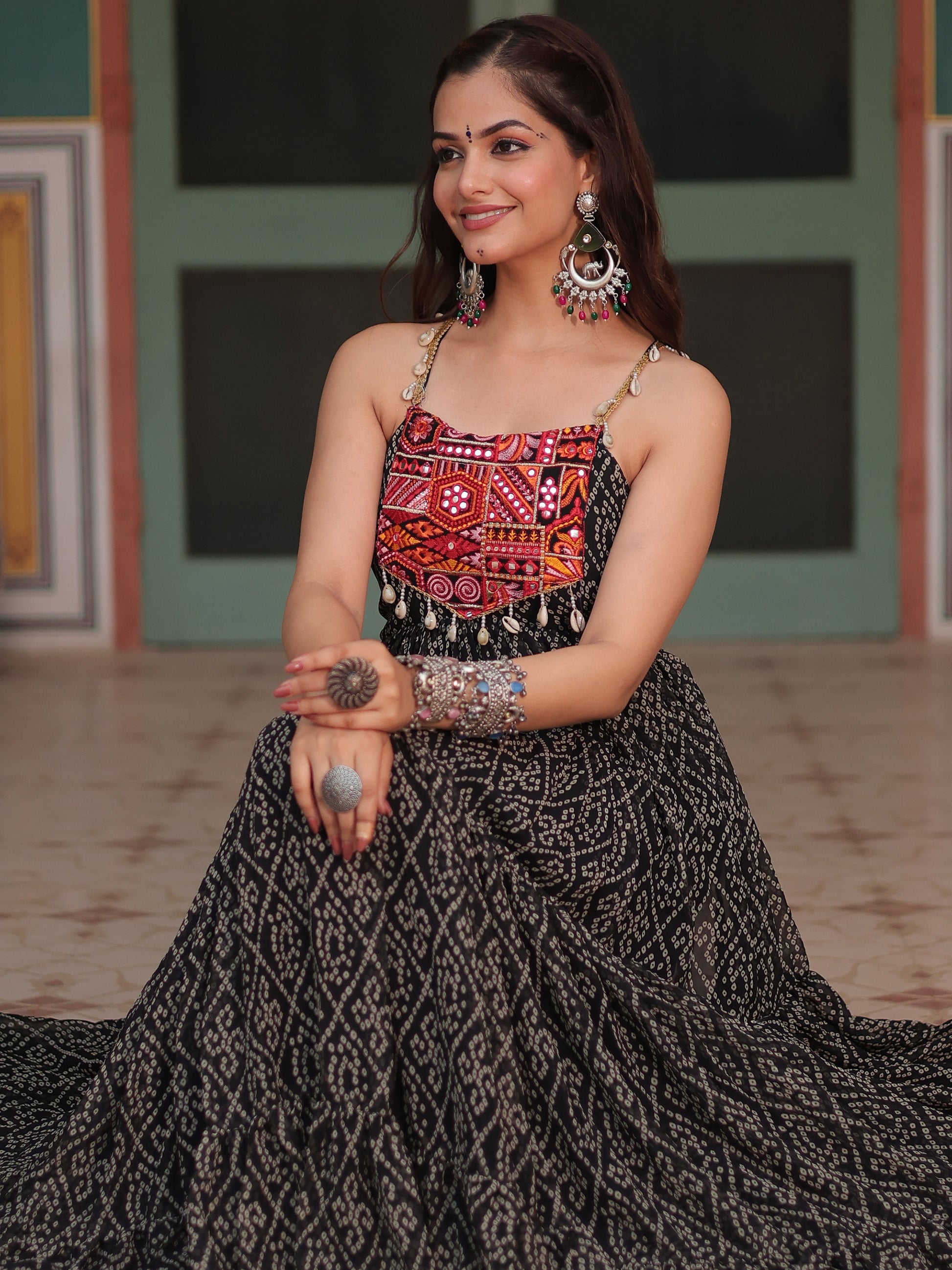 Stunning Black Bandhani Printed Georgette Navrati Wear Gown