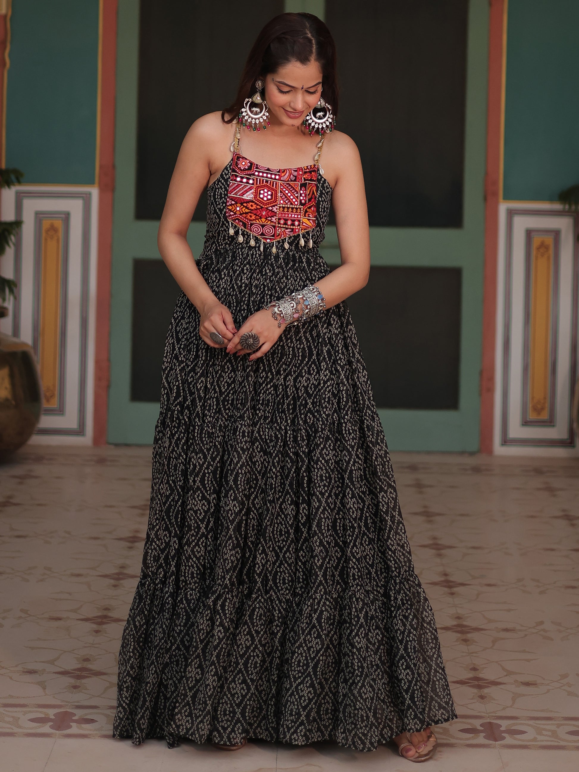 Stunning Black Bandhani Printed Georgette Navrati Wear Gown