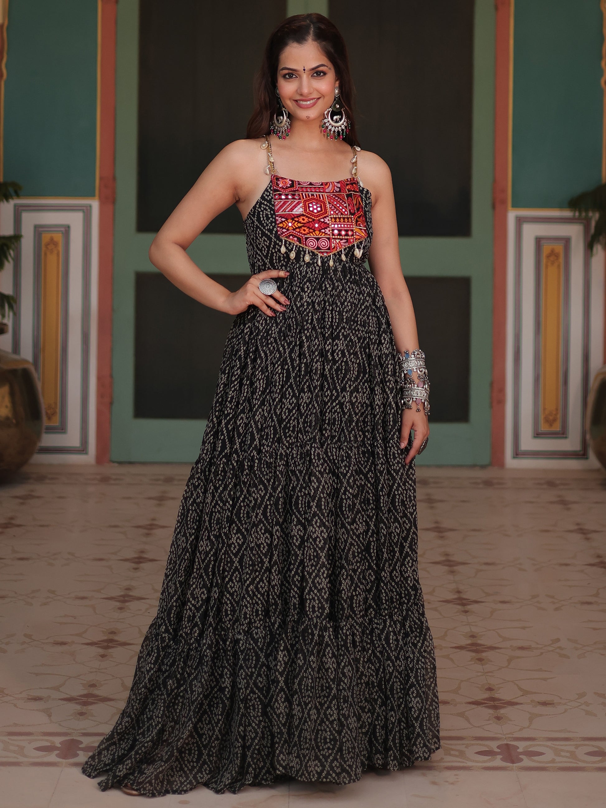Stunning Black Bandhani Printed Georgette Navrati Wear Gown