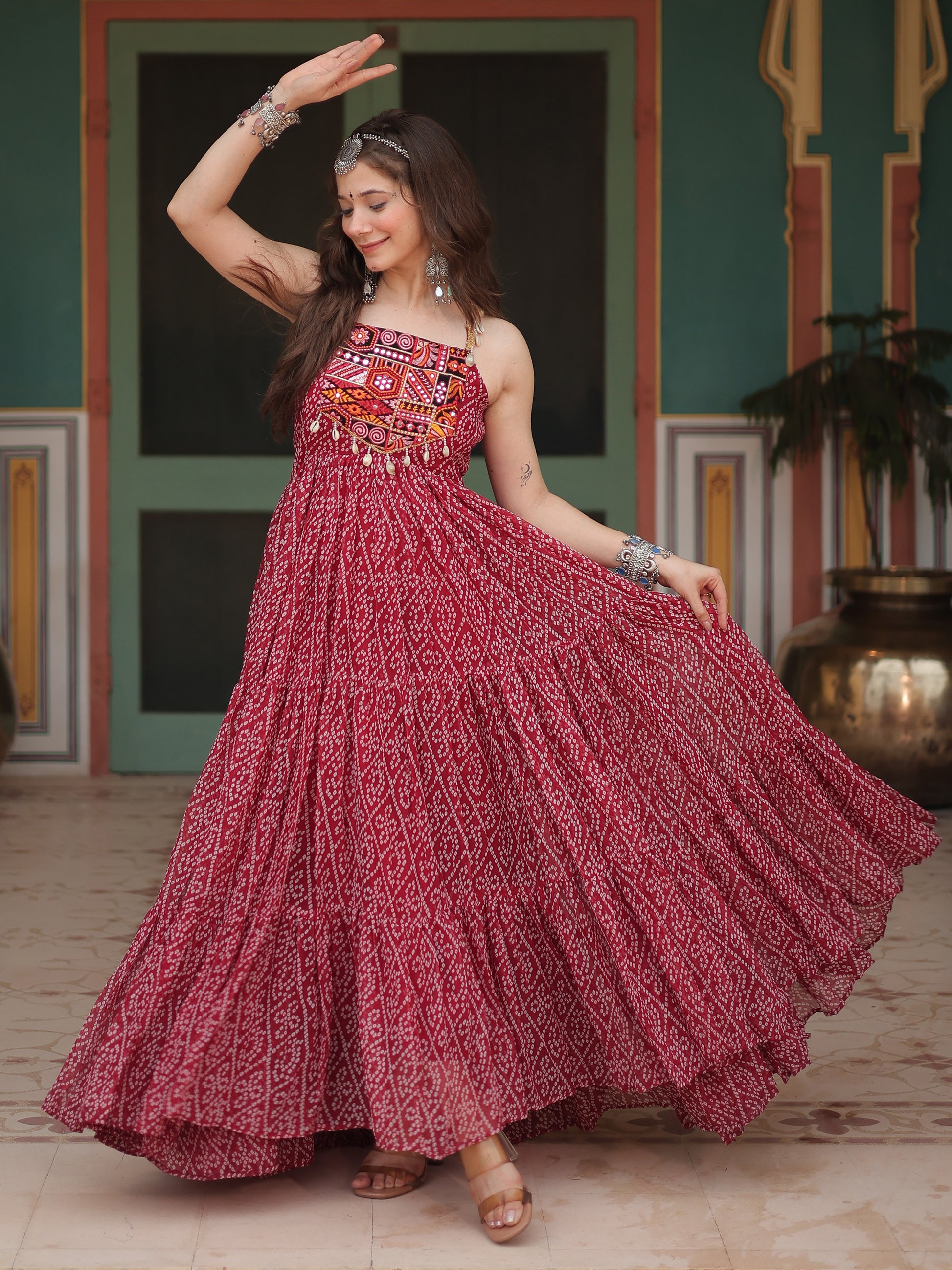 Adorable Maroon Bandhani Printed Georgette Navrati Wear Gown