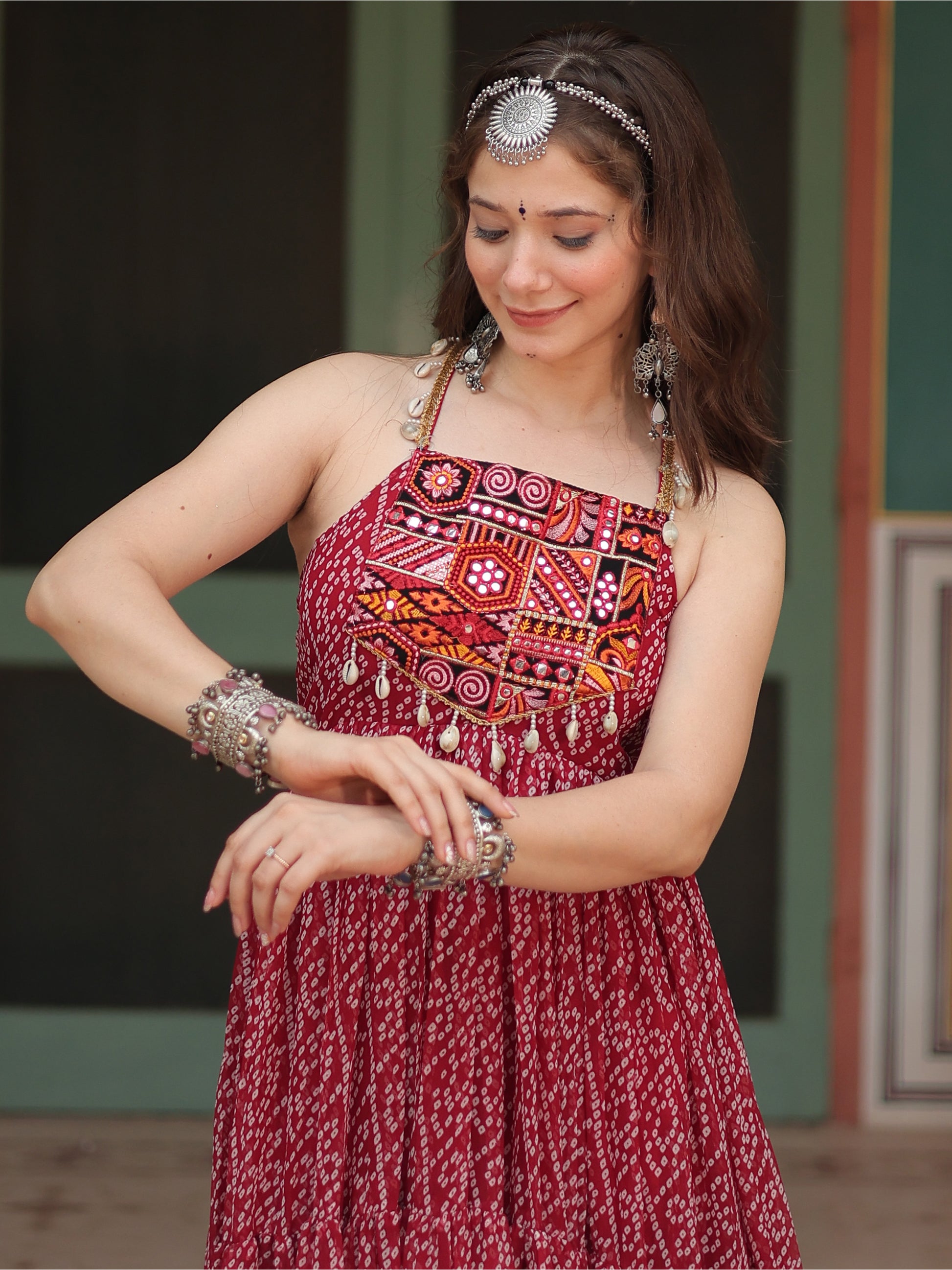 Adorable Maroon Bandhani Printed Georgette Navrati Wear Gown