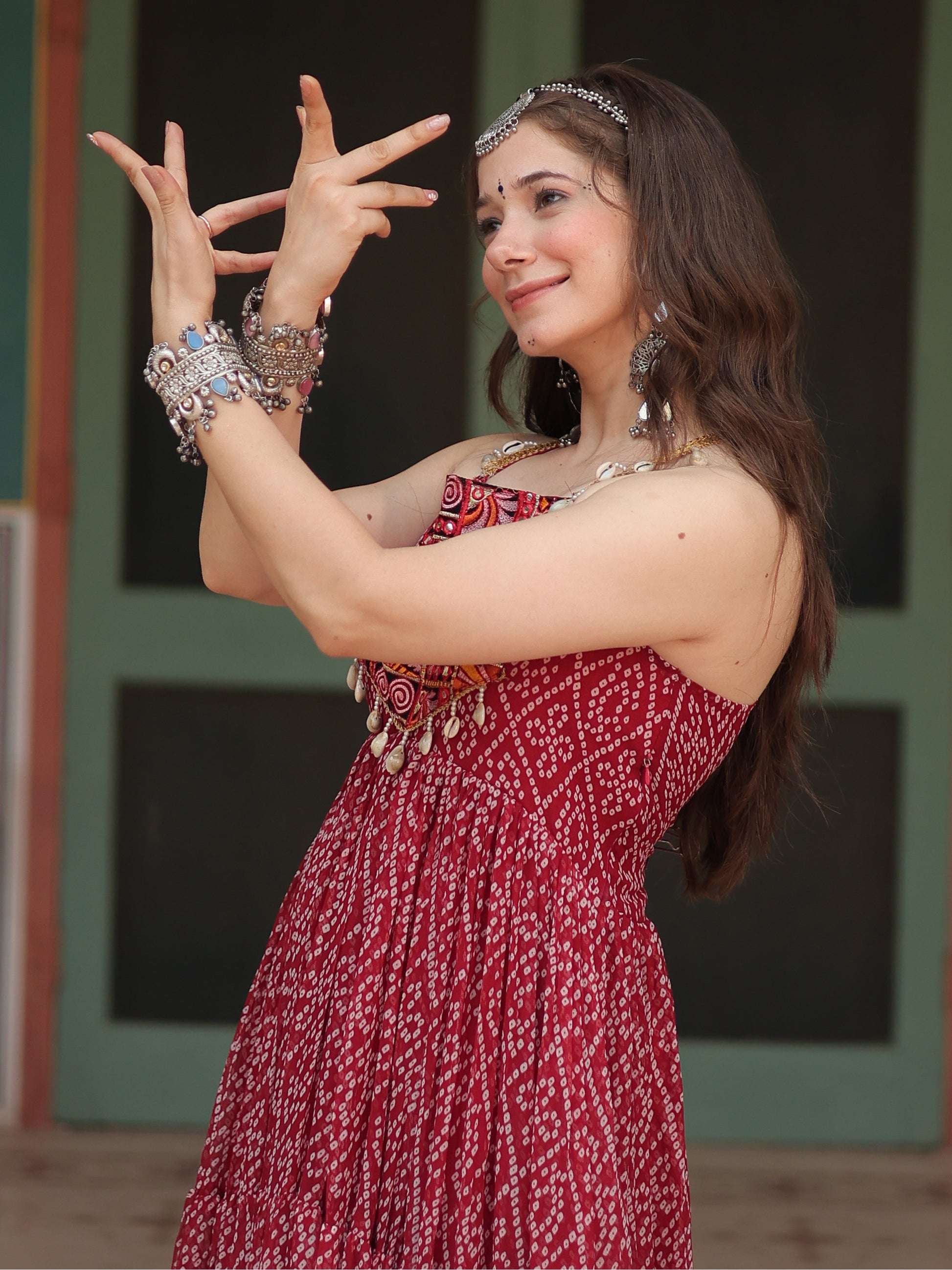 Adorable Maroon Bandhani Printed Georgette Navrati Wear Gown