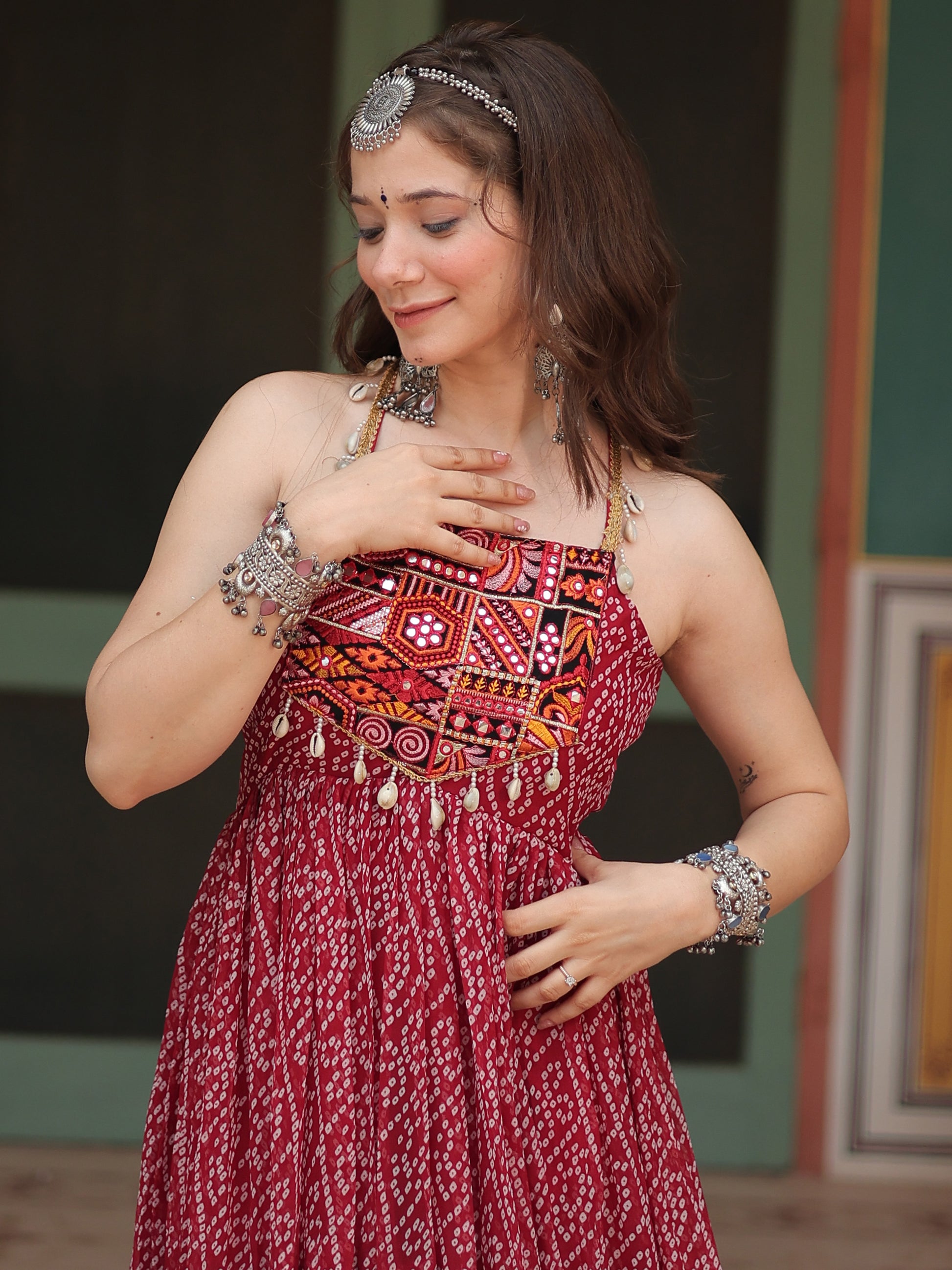 Adorable Maroon Bandhani Printed Georgette Navrati Wear Gown