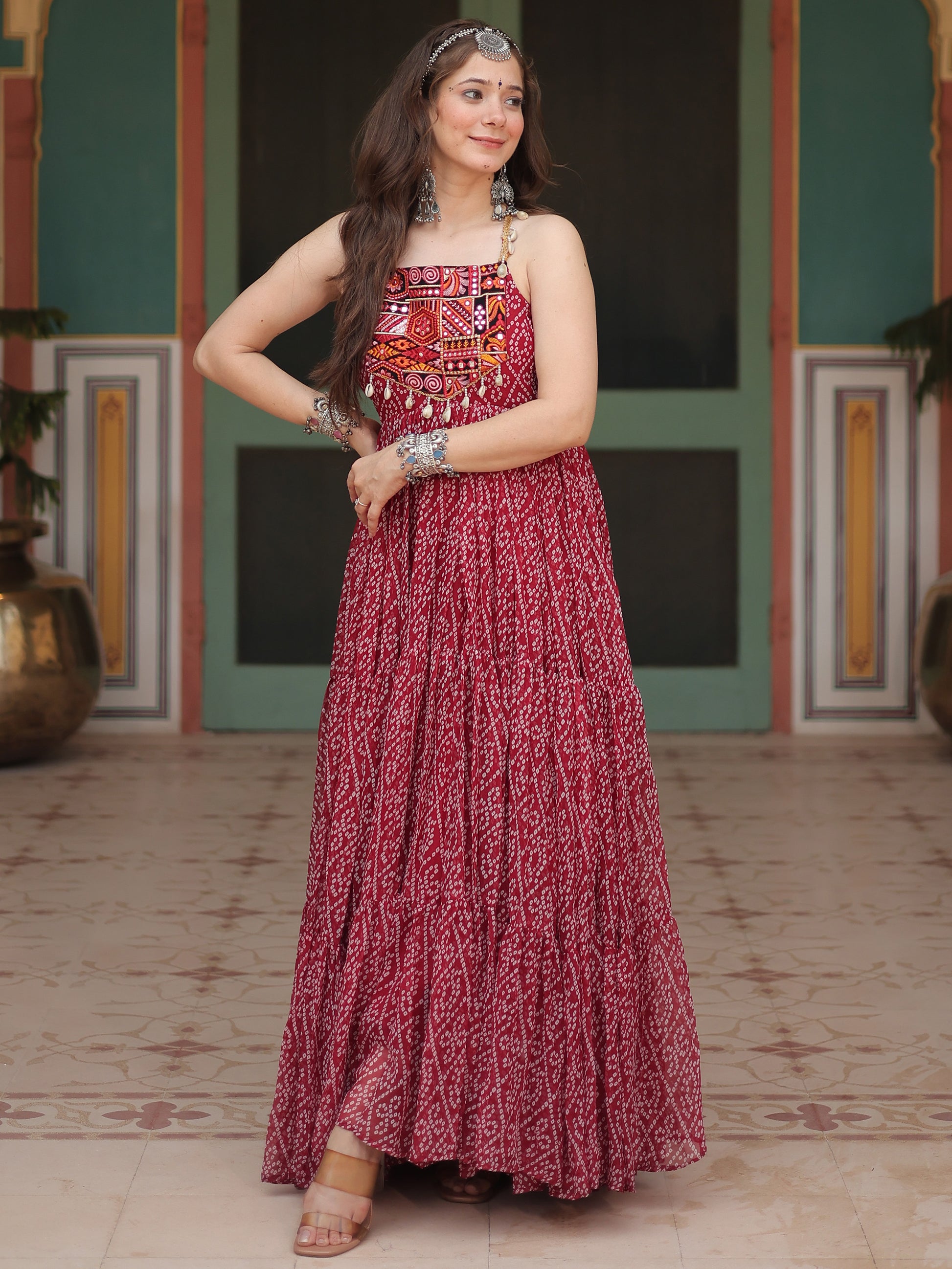 Adorable Maroon Bandhani Printed Georgette Navrati Wear Gown