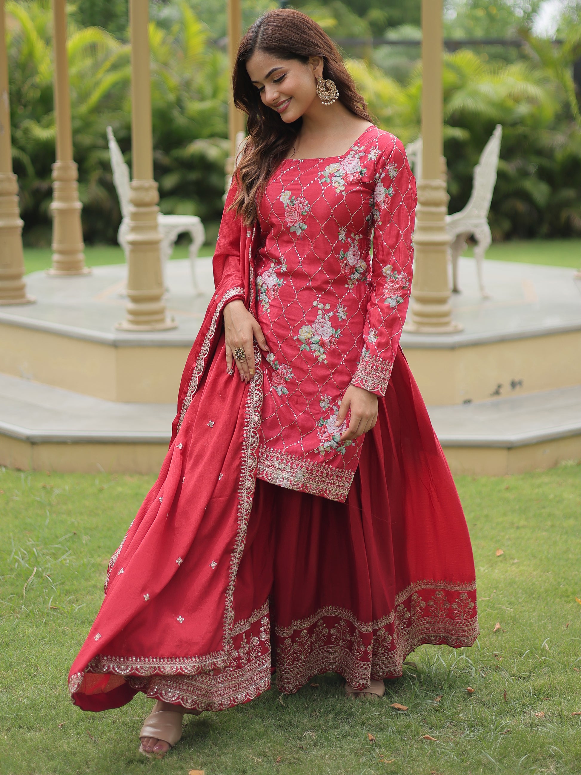 Incredible Maroon Sequins Chinon Festival Wear Palazzo Suit
