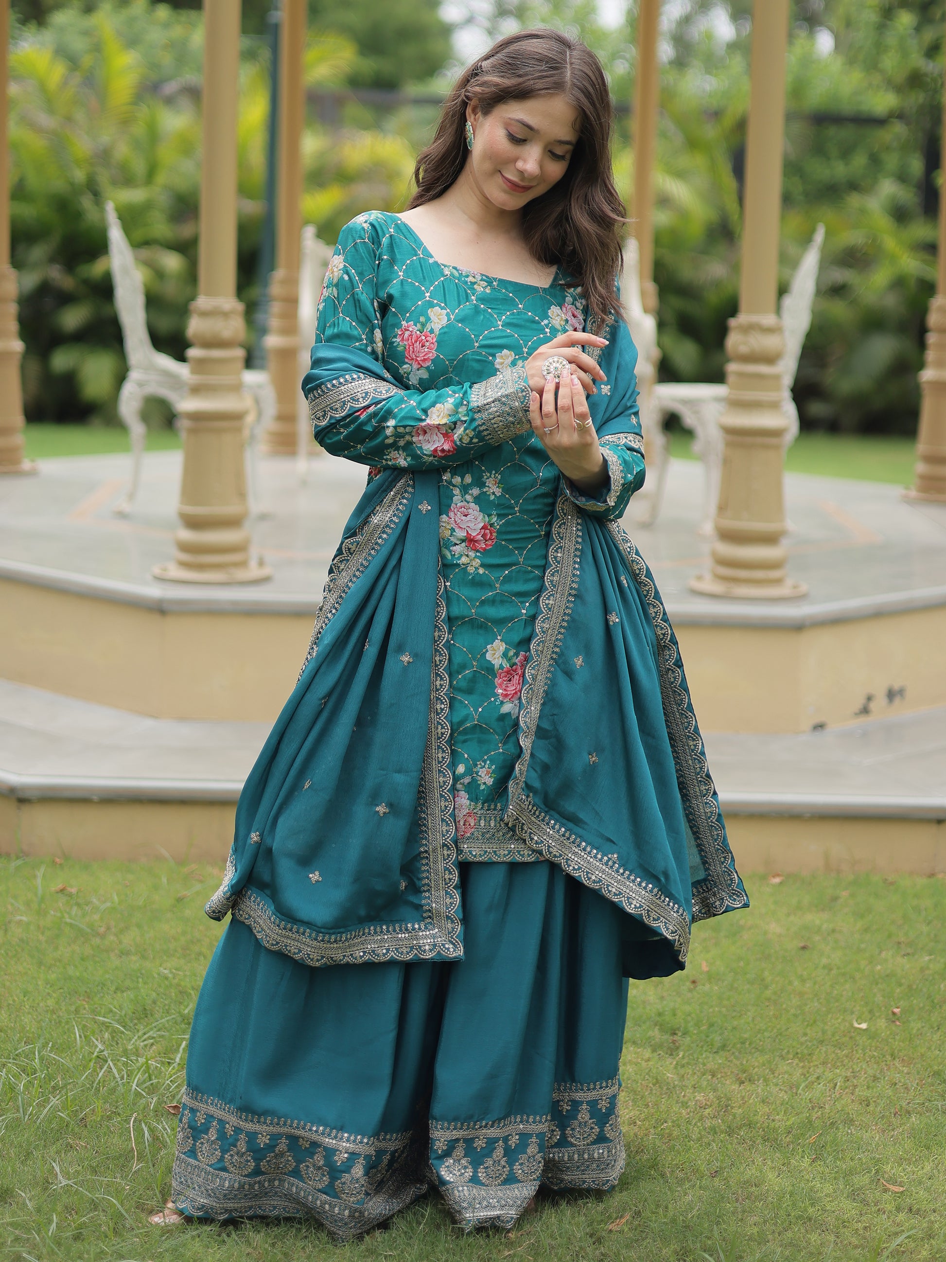 Attractive Teal Blue Sequins Chinon Palazzo Suit With Dupatta