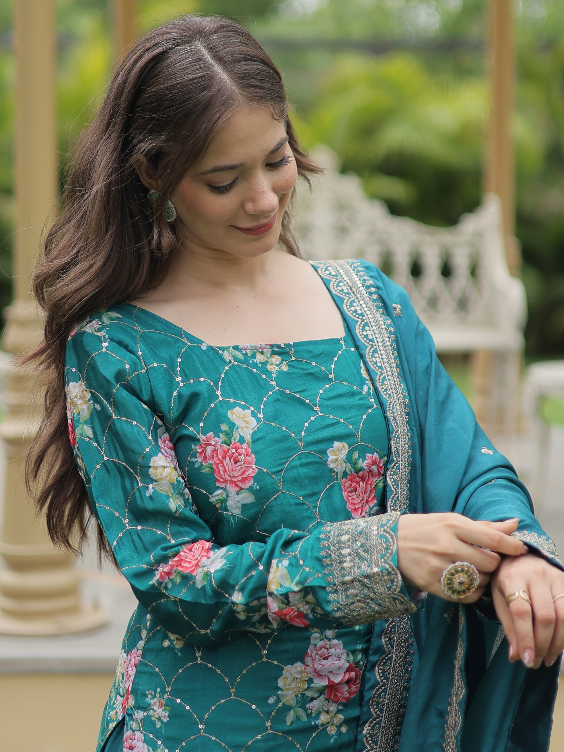 Attractive Teal Blue Sequins Chinon Palazzo Suit With Dupatta