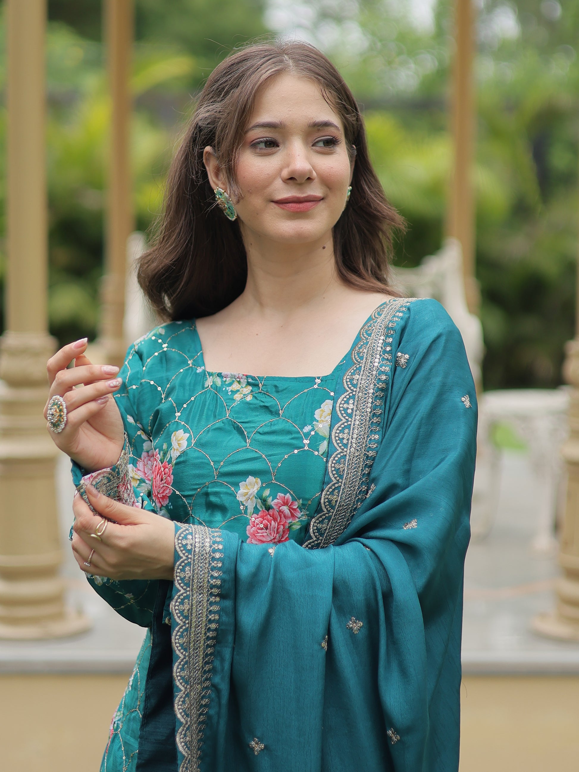 Attractive Teal Blue Sequins Chinon Palazzo Suit With Dupatta