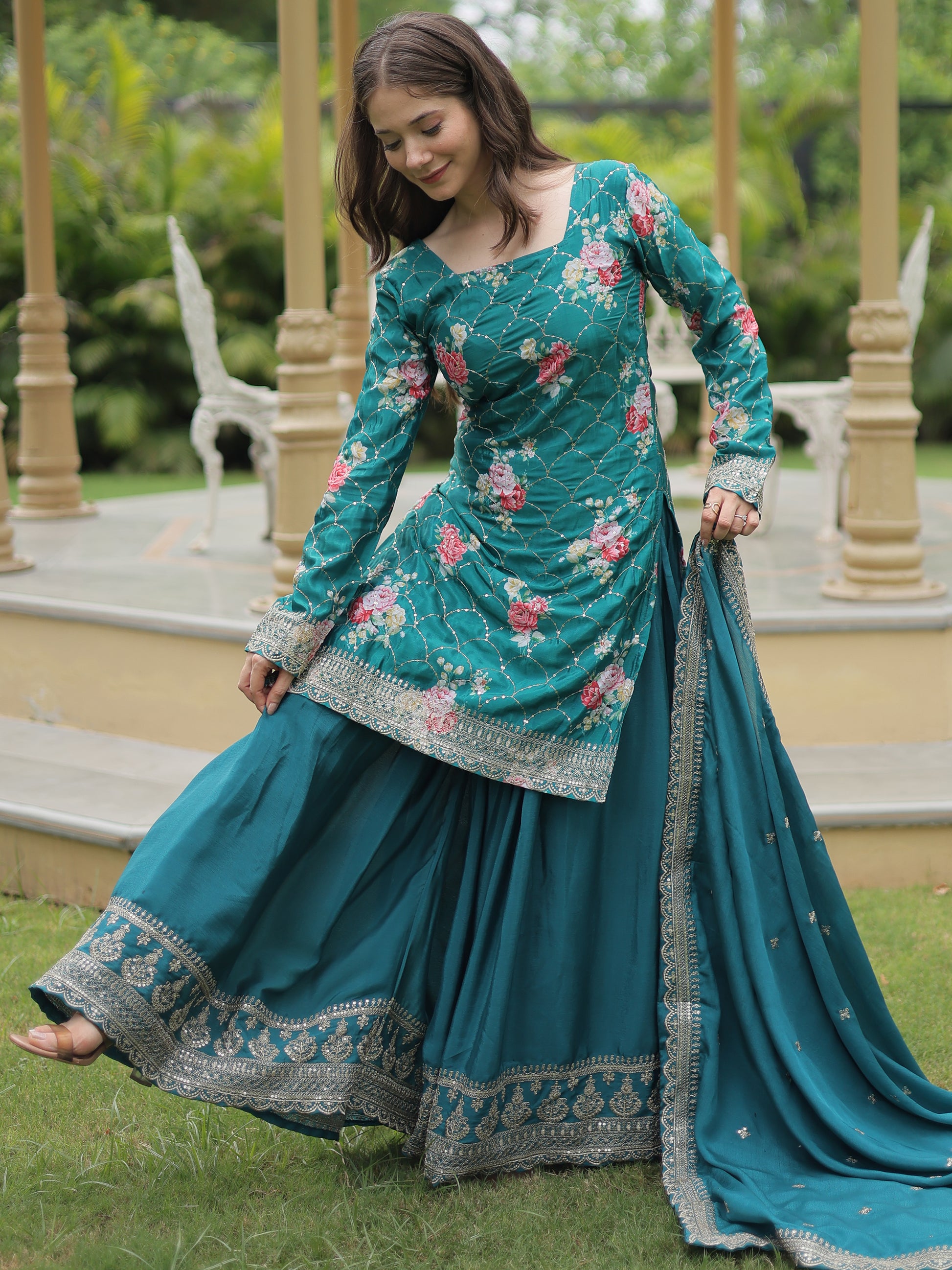 Attractive Teal Blue Sequins Chinon Palazzo Suit With Dupatta