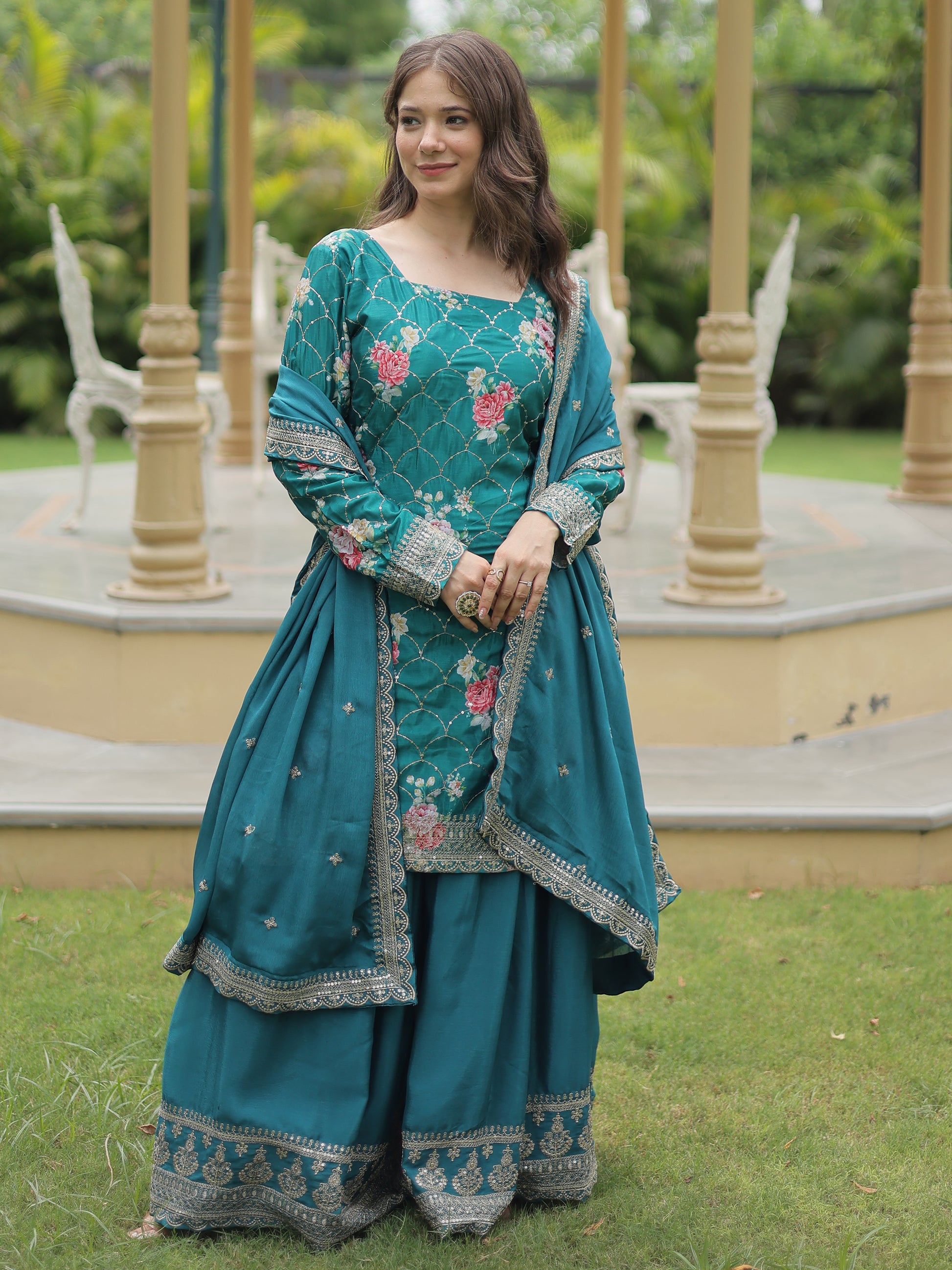 Attractive Teal Blue Sequins Chinon Palazzo Suit With Dupatta