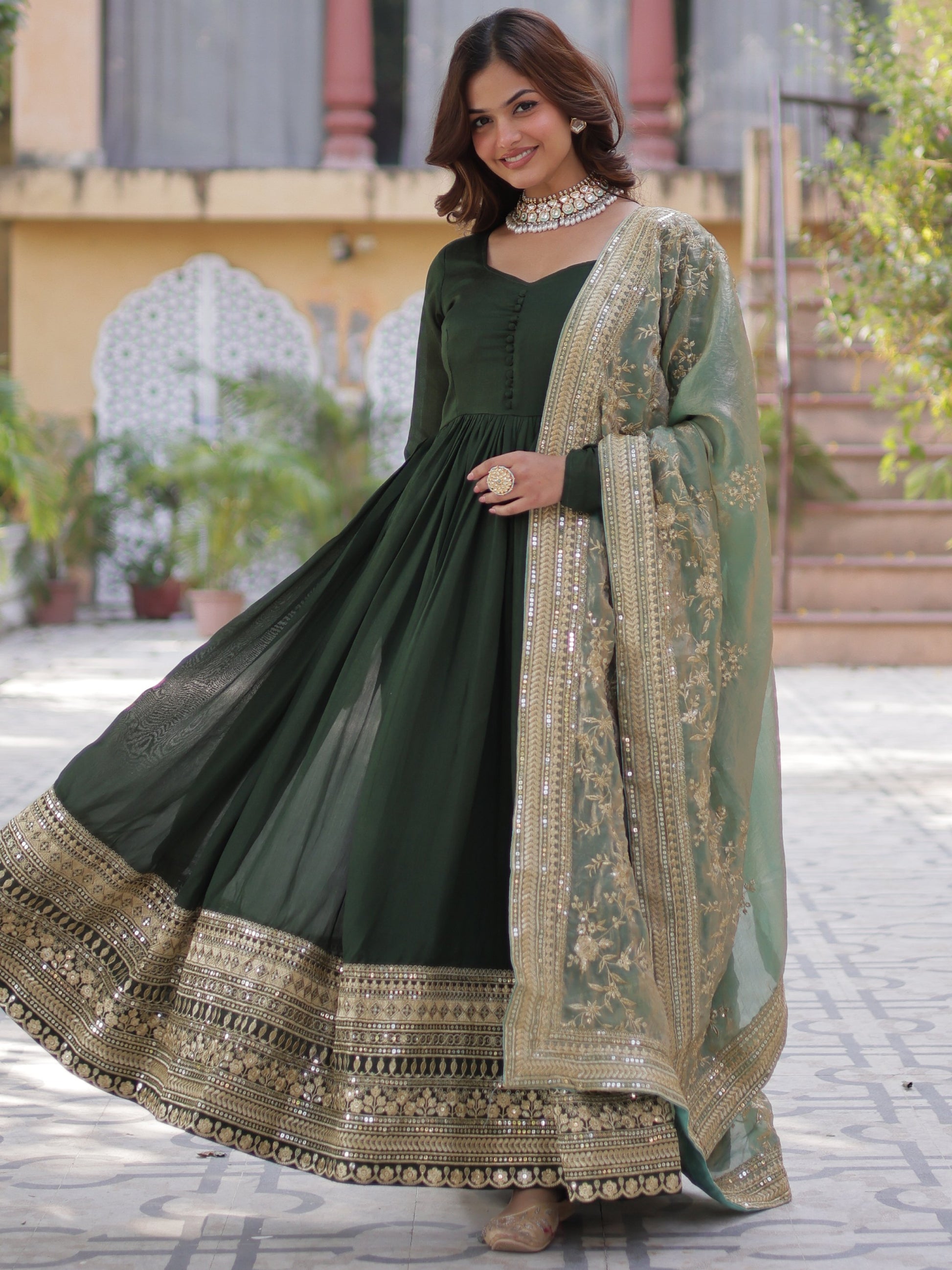 Fabulous Green Zari Work Vichitra Silk Festive Wear Gown With Dupatta