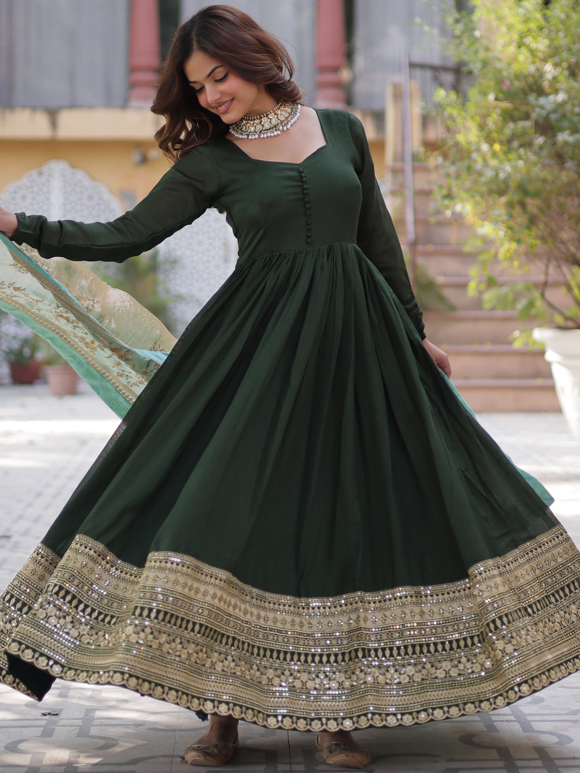 Fabulous Green Zari Work Vichitra Silk Festive Wear Gown With Dupatta