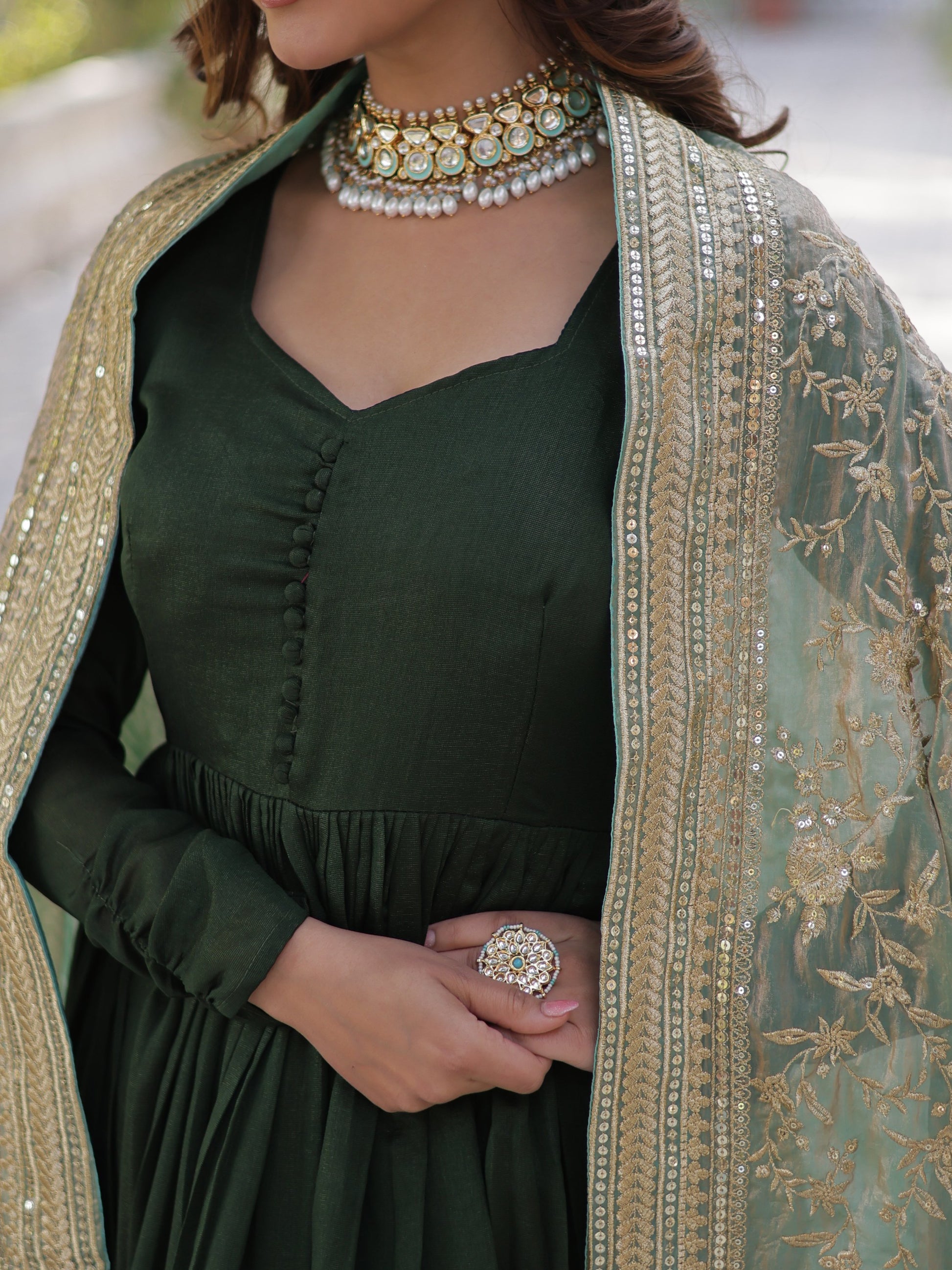 Fabulous Green Zari Work Vichitra Silk Festive Wear Gown With Dupatta