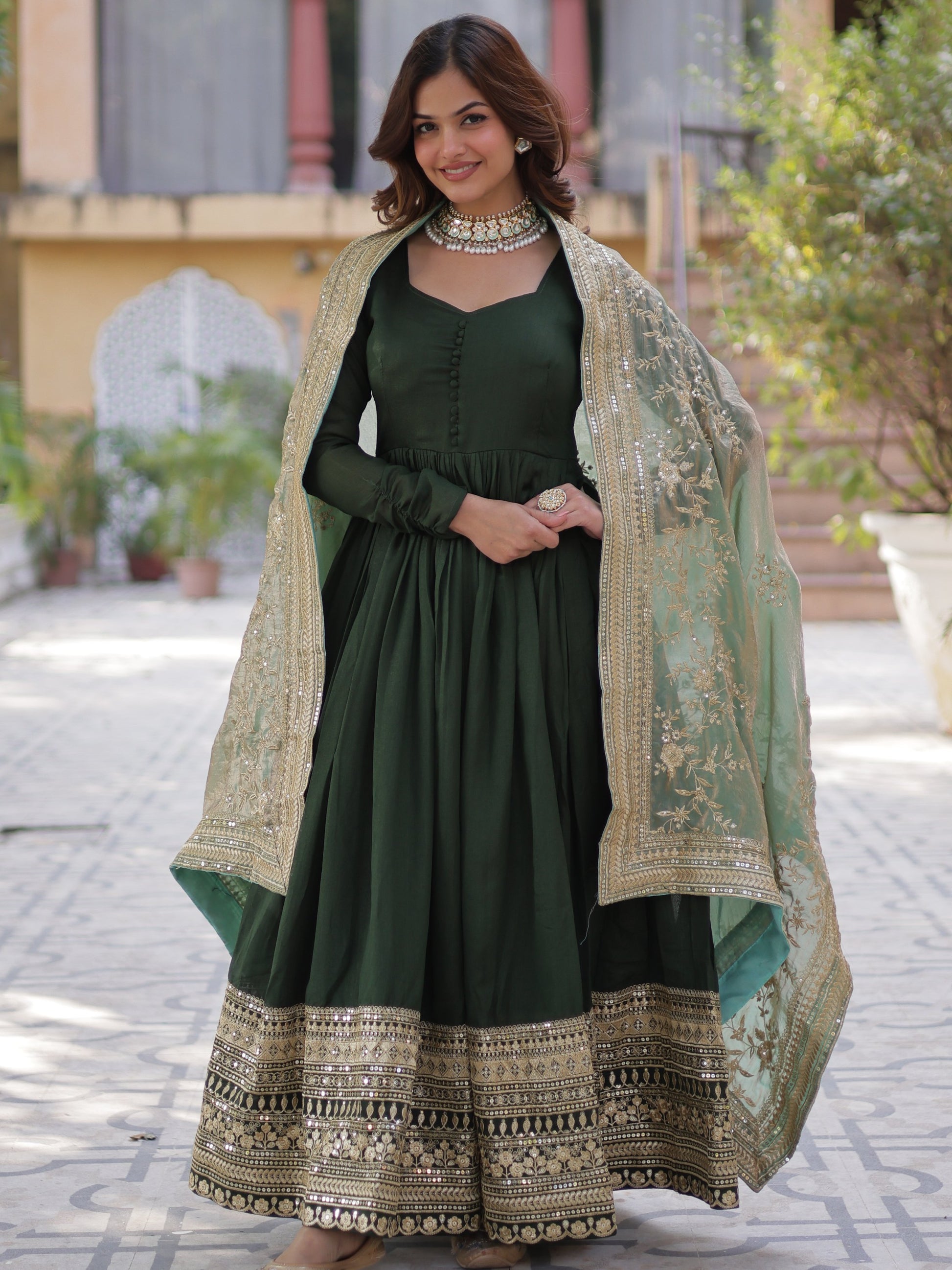Fabulous Green Zari Work Vichitra Silk Festive Wear Gown With Dupatta