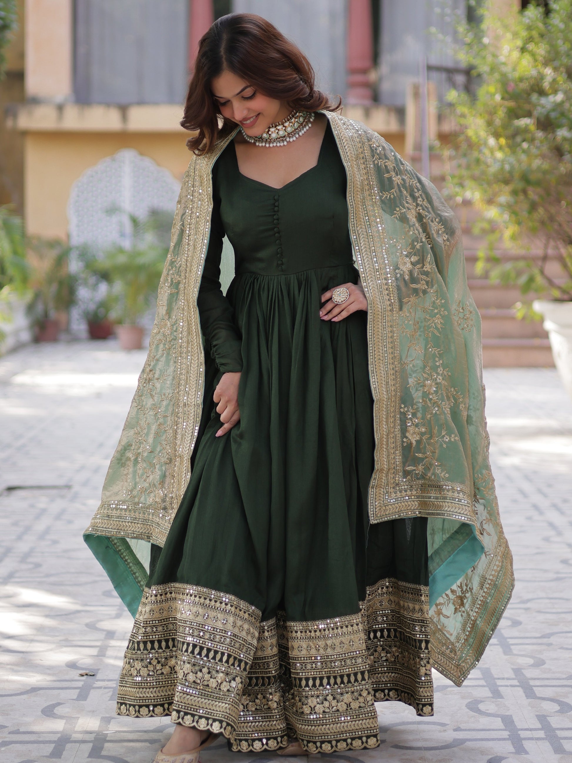 Fabulous Green Zari Work Vichitra Silk Festive Wear Gown With Dupatta