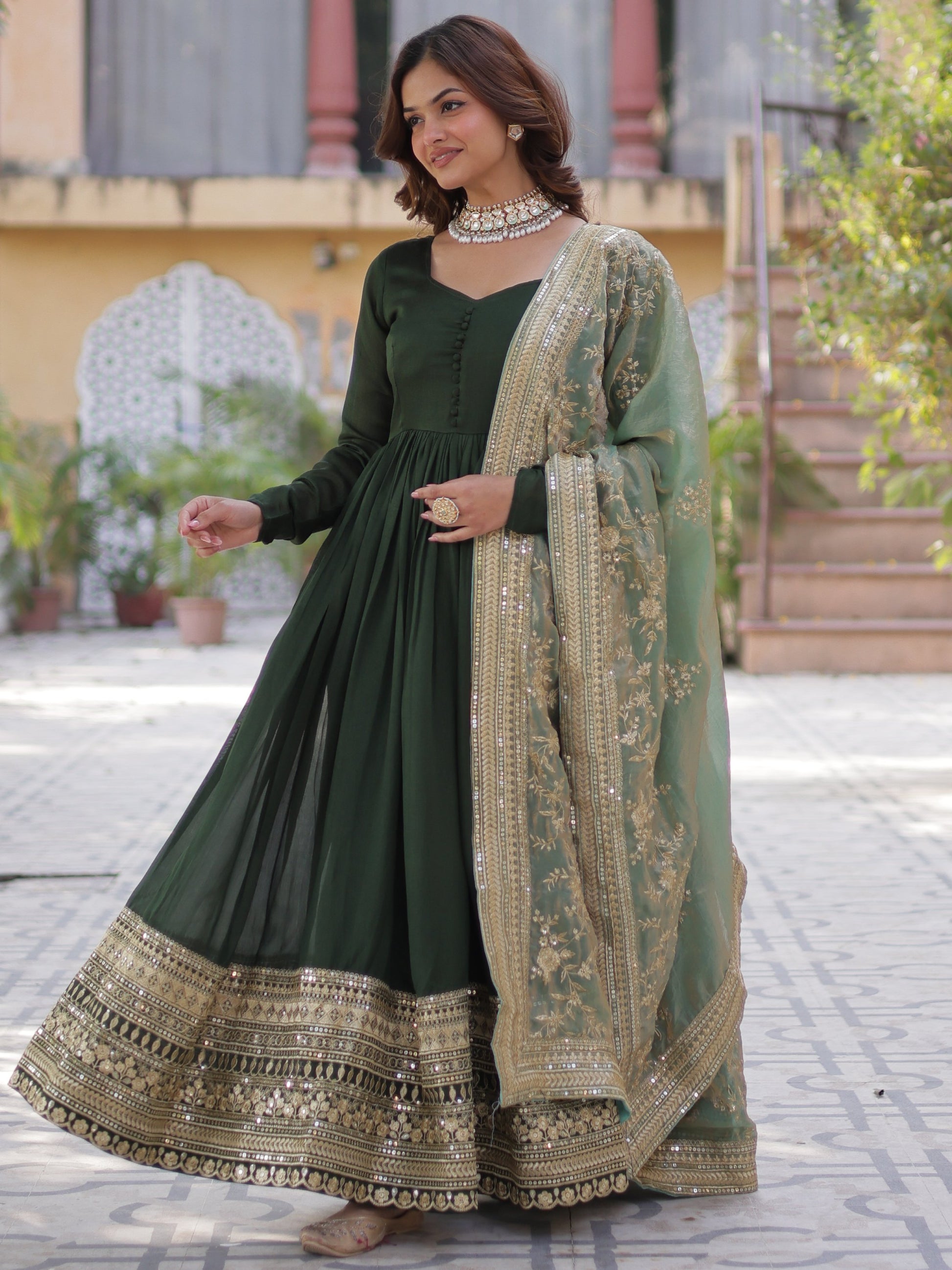 Fabulous Green Zari Work Vichitra Silk Festive Wear Gown With Dupatta