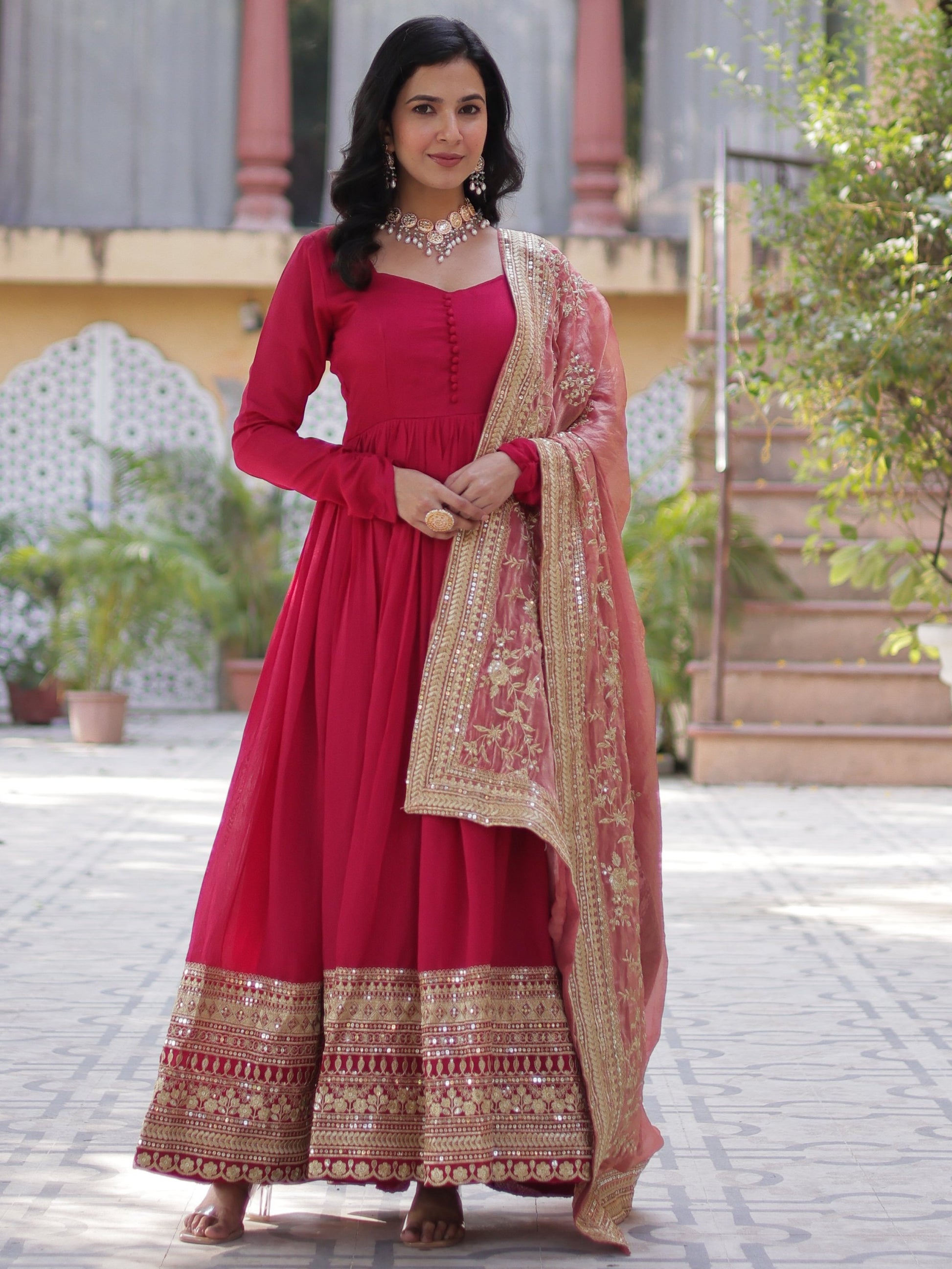 Spectacular Pink Sequins Work Vichitra Silk Party Wear Gown With Dupatta