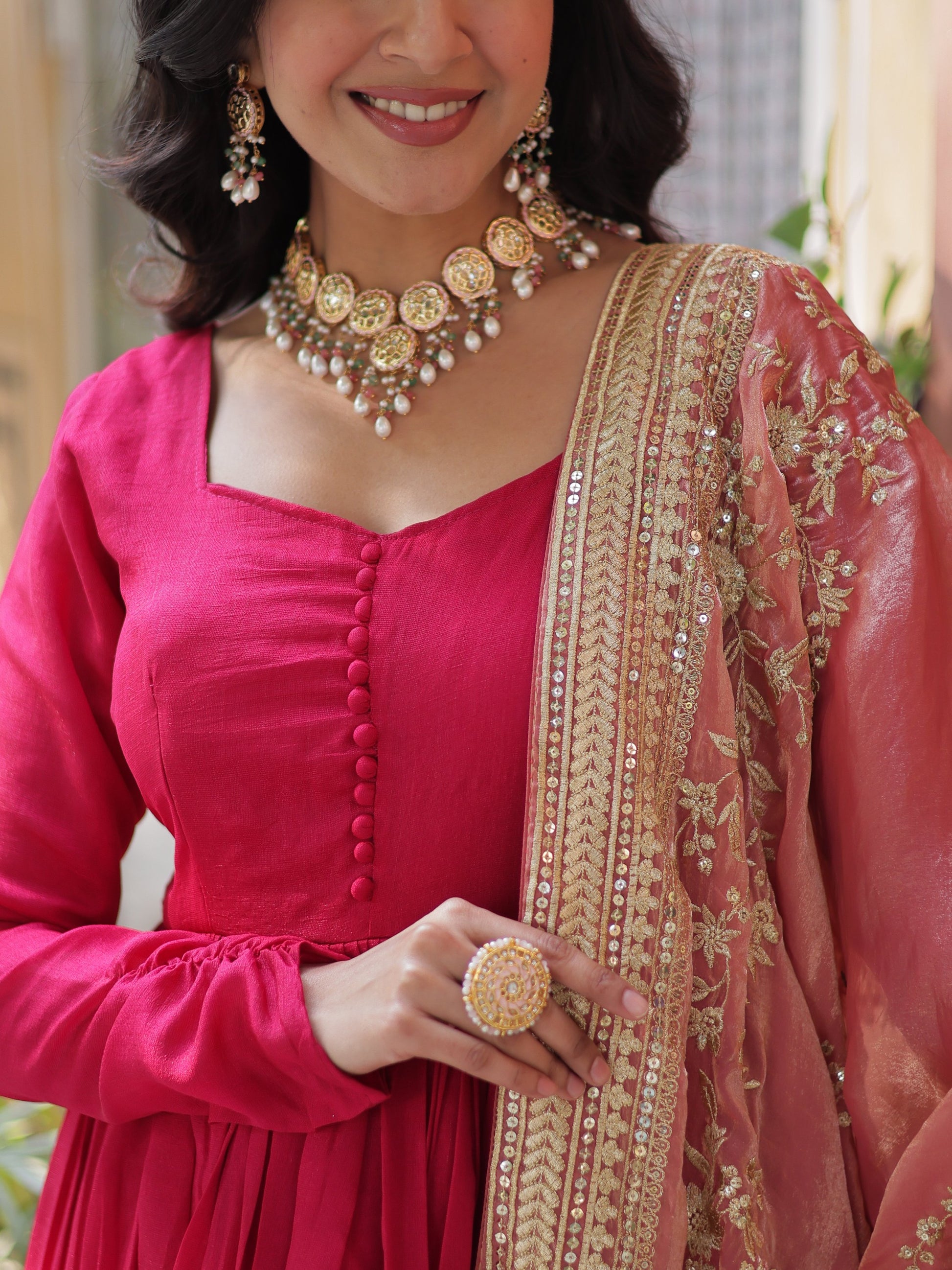 Spectacular Pink Sequins Work Vichitra Silk Party Wear Gown With Dupatta