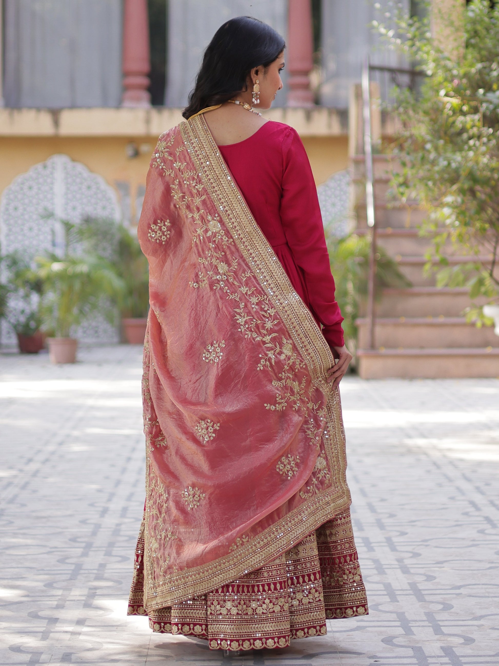 Spectacular Pink Sequins Work Vichitra Silk Party Wear Gown With Dupatta