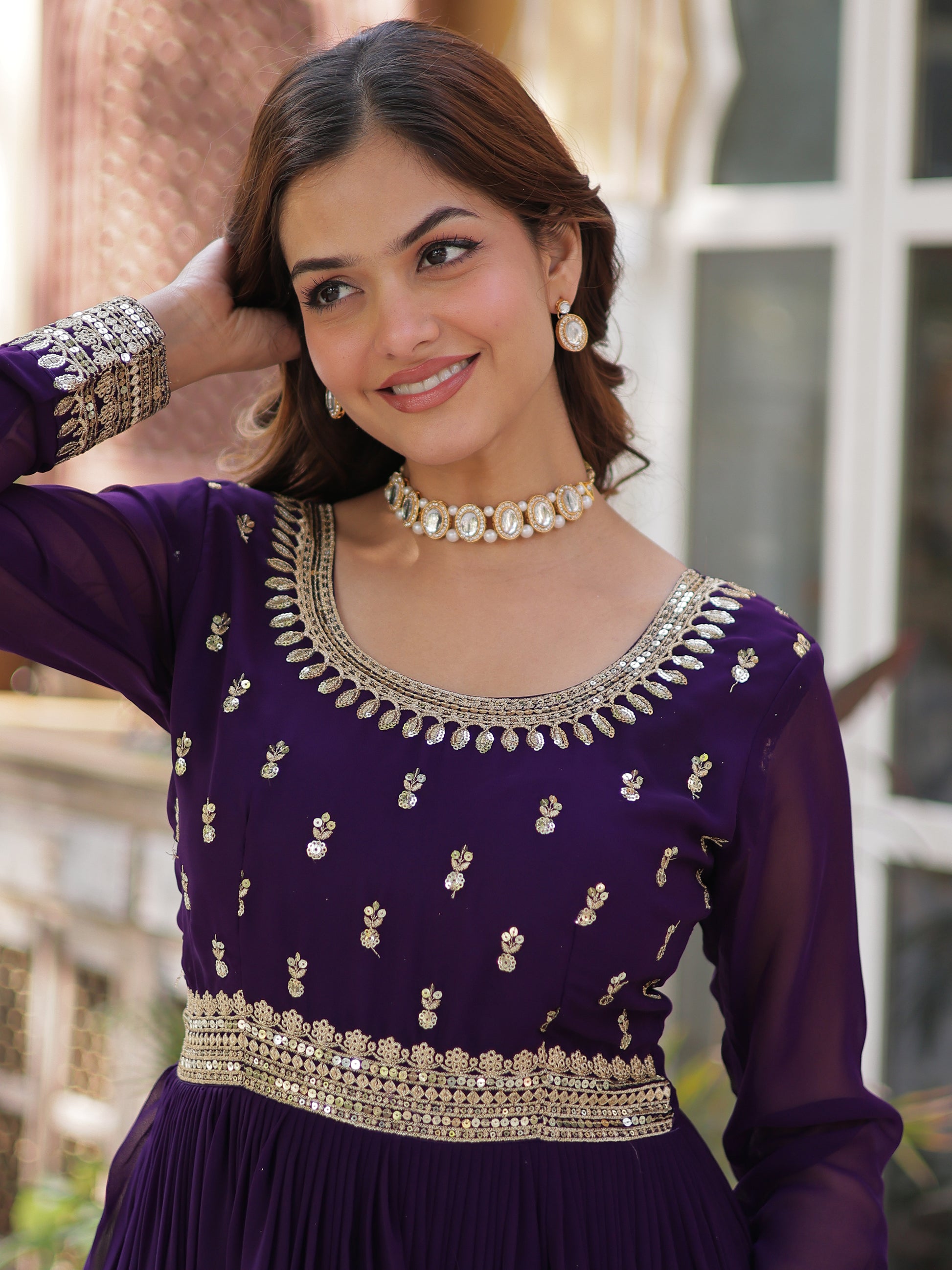 Adorable Purple Zari Embroidered Georgette Festive Wear Gown