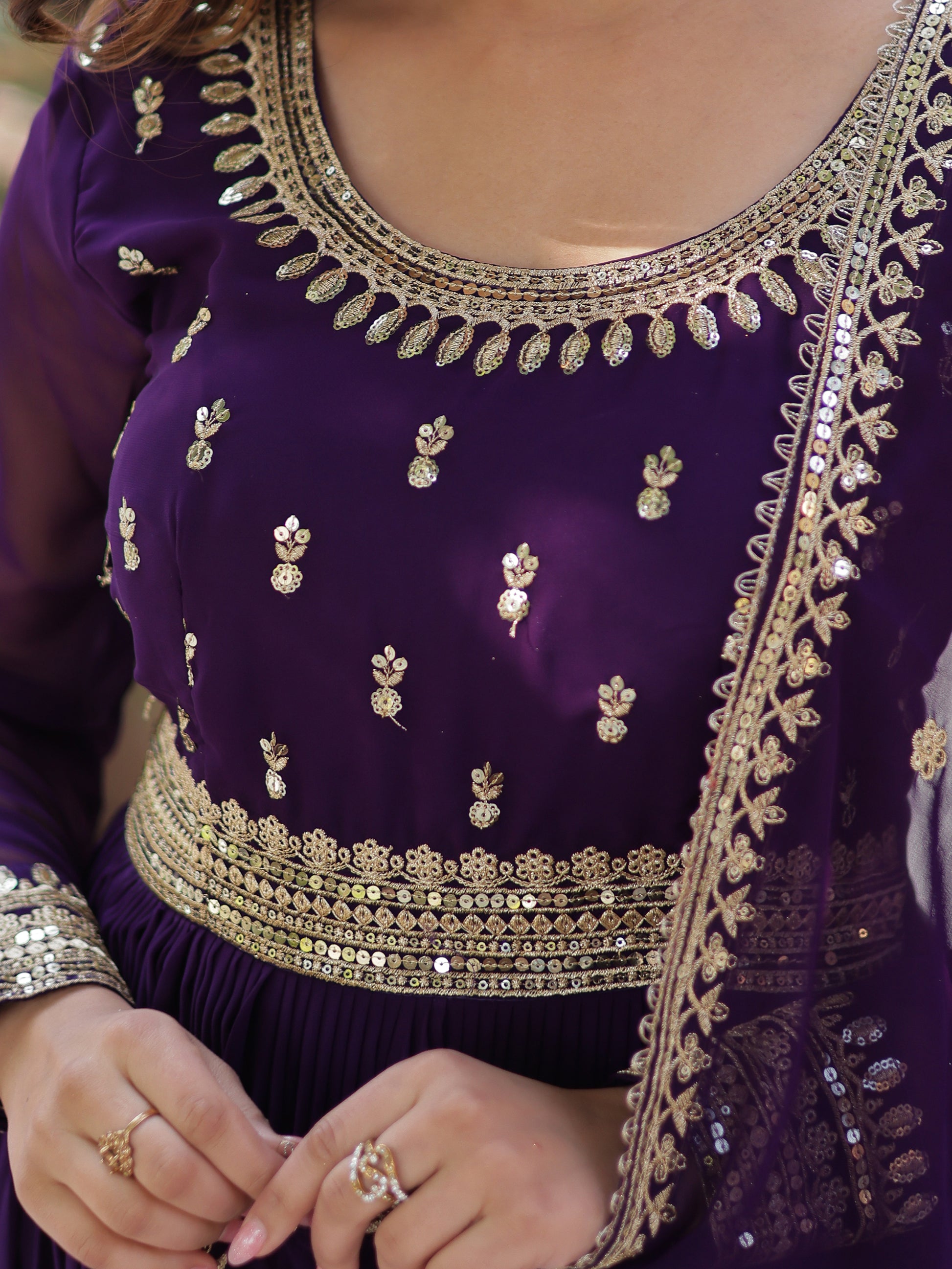 Adorable Purple Zari Embroidered Georgette Festive Wear Gown