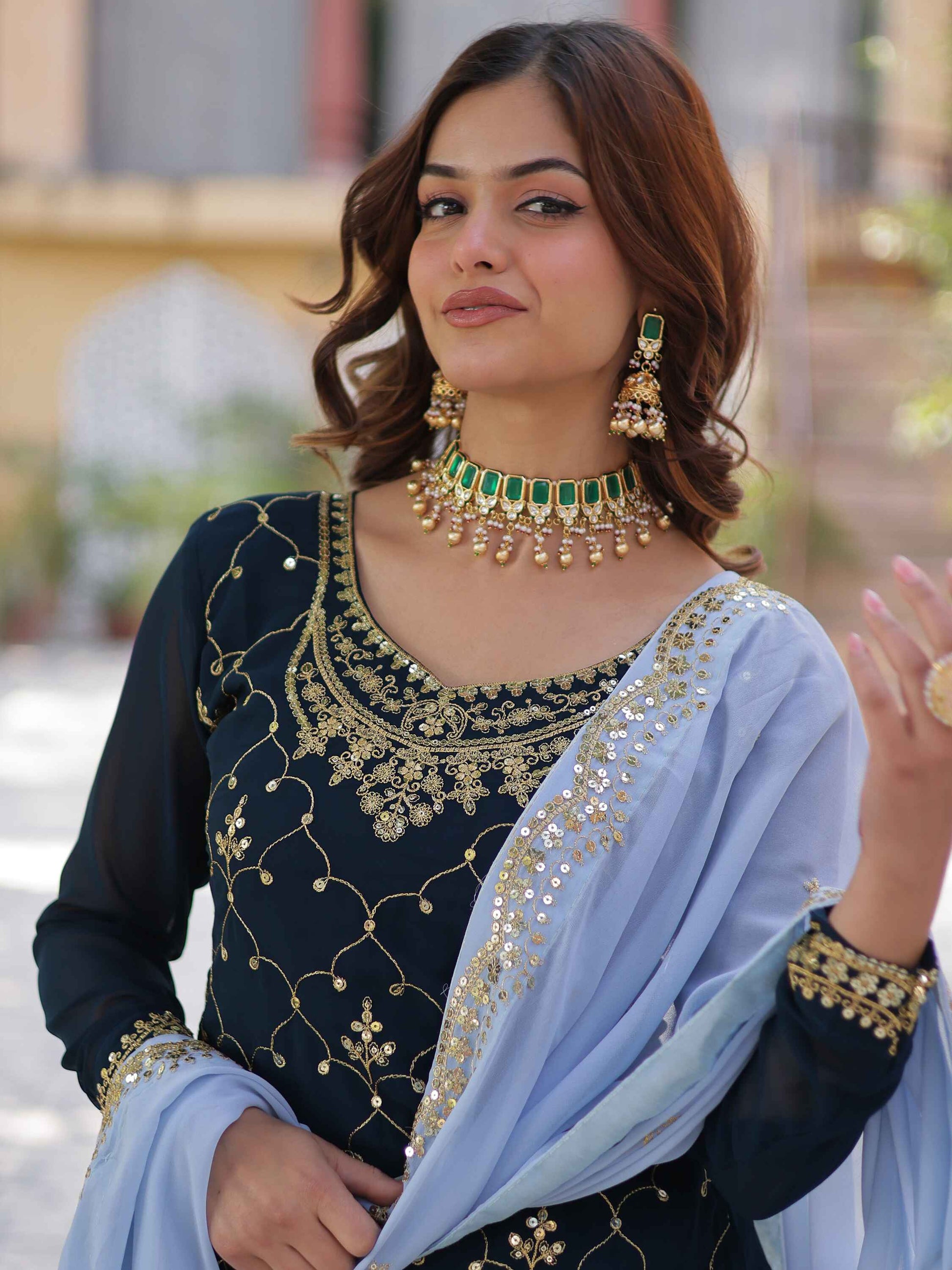 Stunning Blue Sequins Georgette Festival Wear Sharara Suit