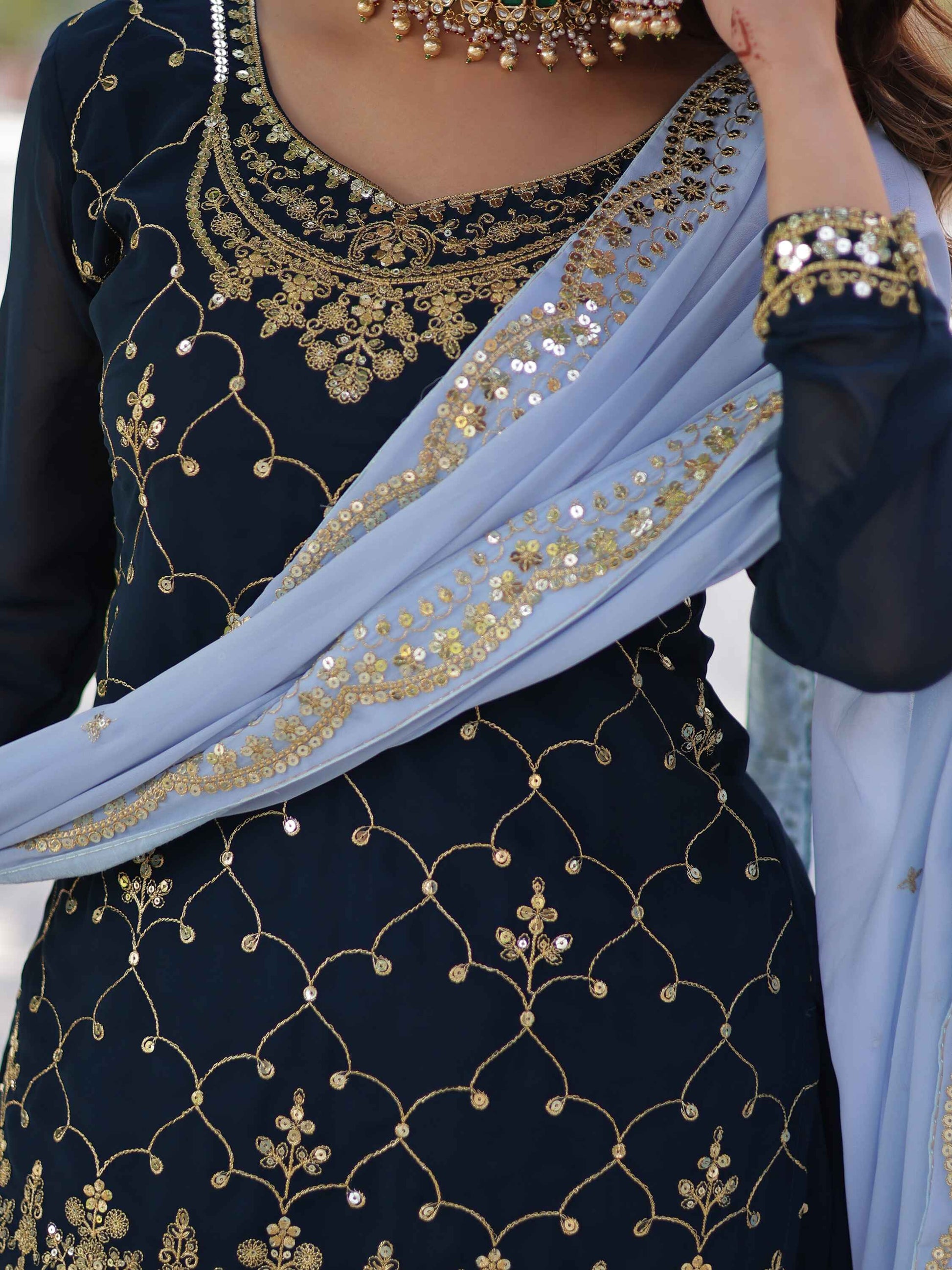 Stunning Blue Sequins Georgette Festival Wear Sharara Suit