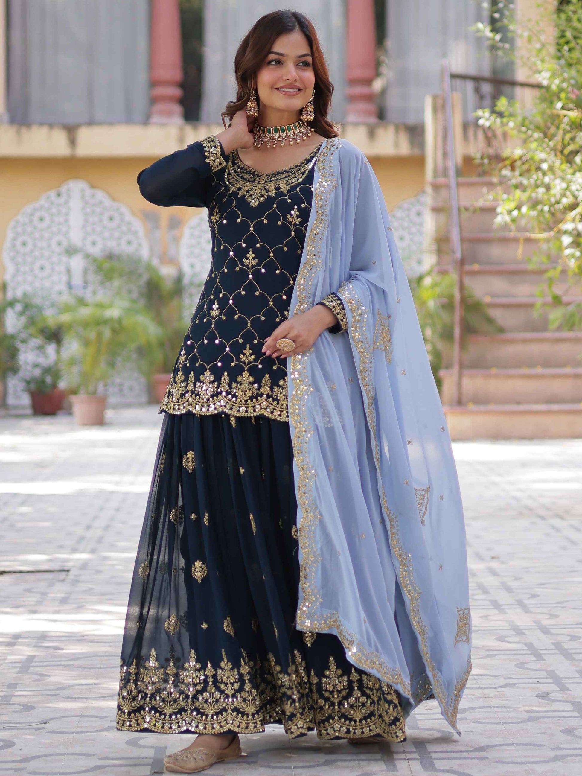 Stunning Blue Sequins Georgette Festival Wear Sharara Suit